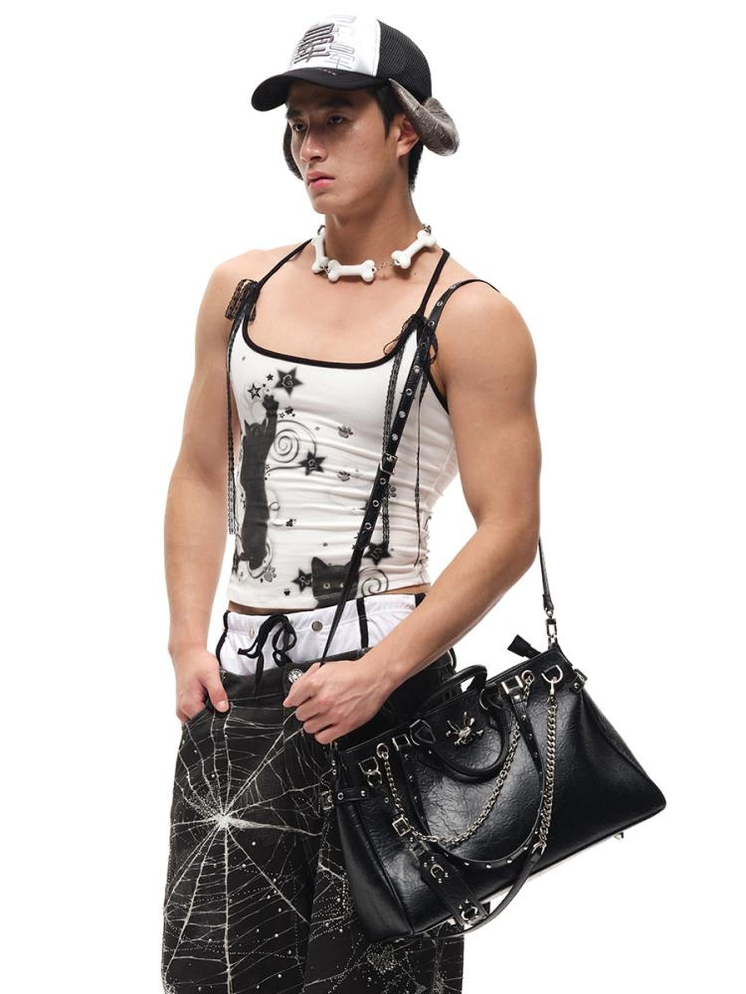 CFIERCE Black Cat Print Strappy Tank Top