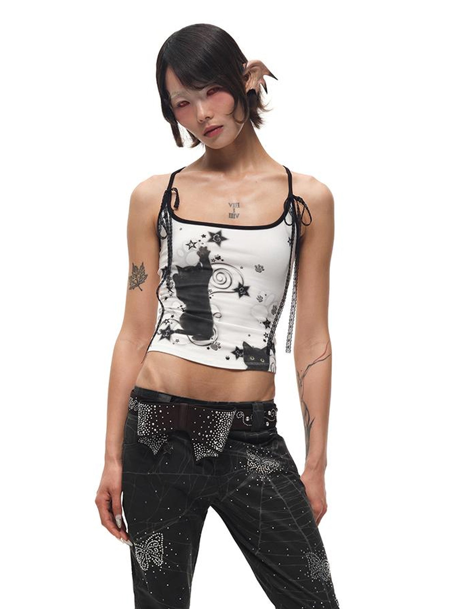CFIERCE Black Cat Print Strappy Tank Top
