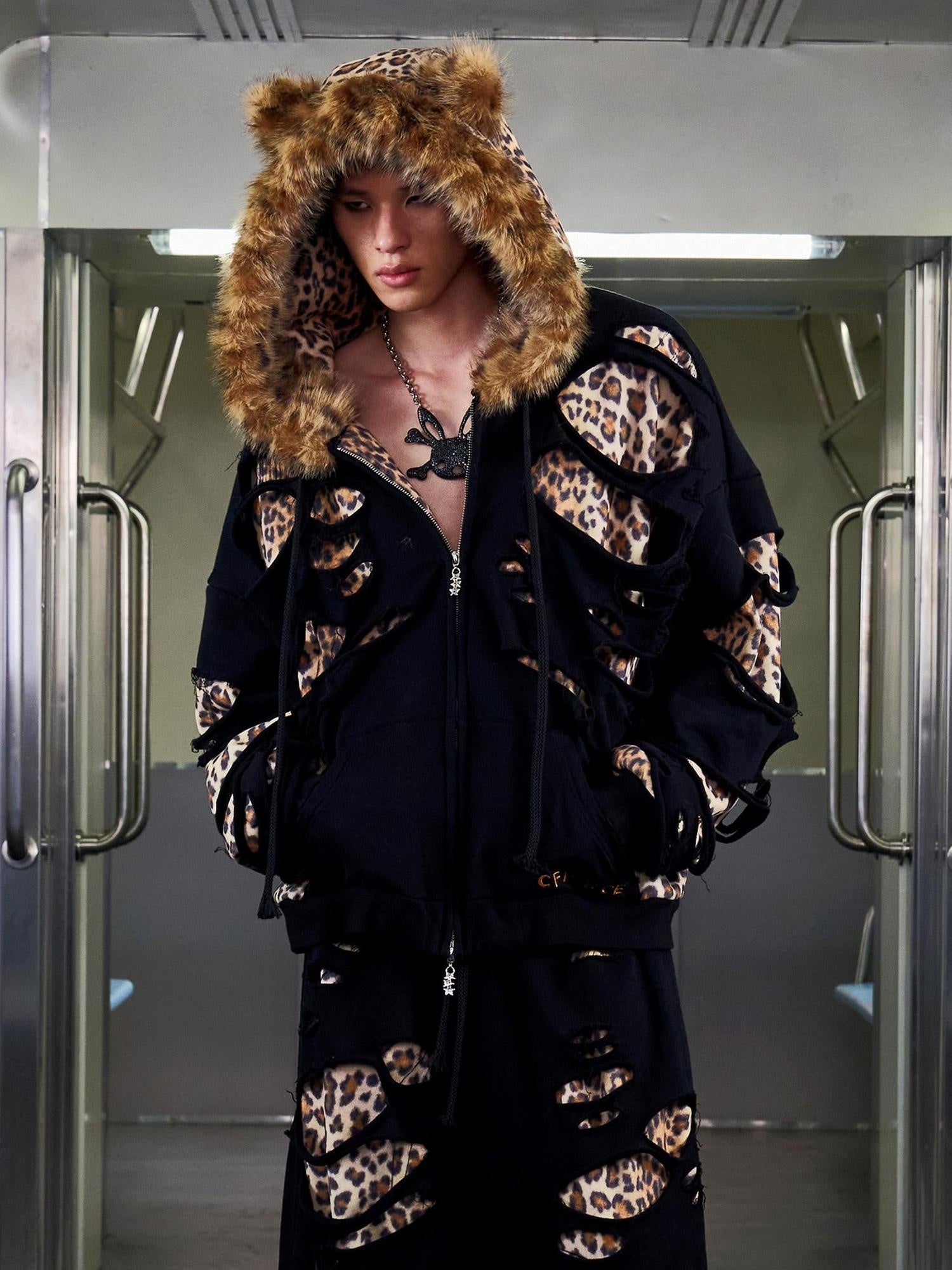 CFIERCE Black Leopard Print Loose Fit Hooded Zip Up Commuter Cotton Blend Hoodies