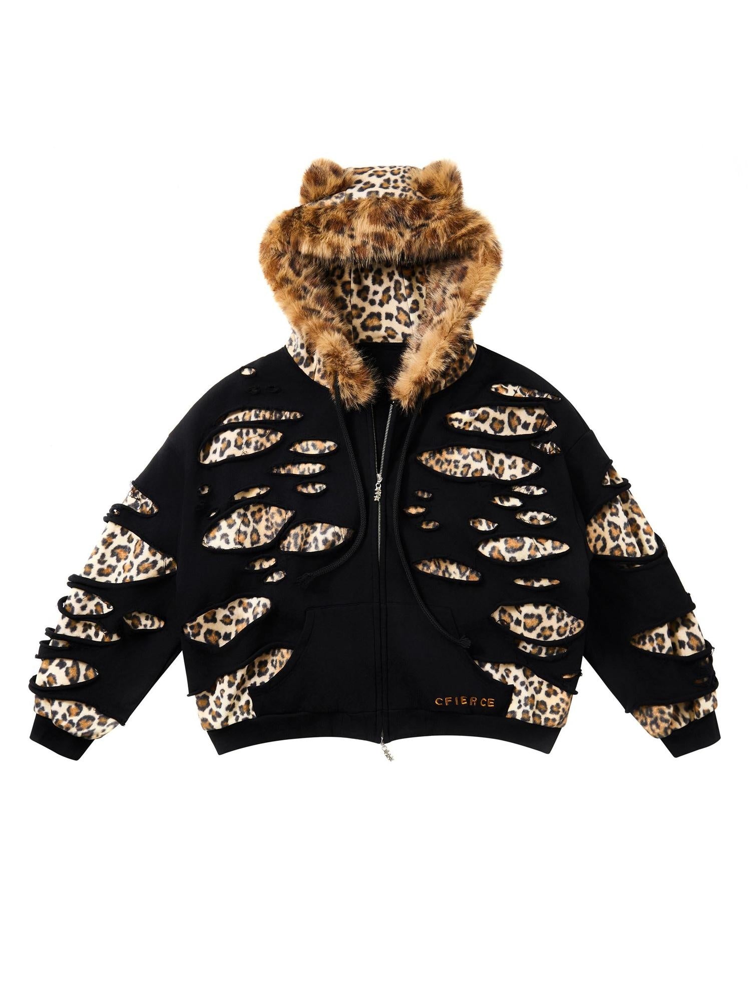 CFIERCE Black Leopard Print Loose Fit Hooded Zip Up Commuter Cotton Blend Hoodies