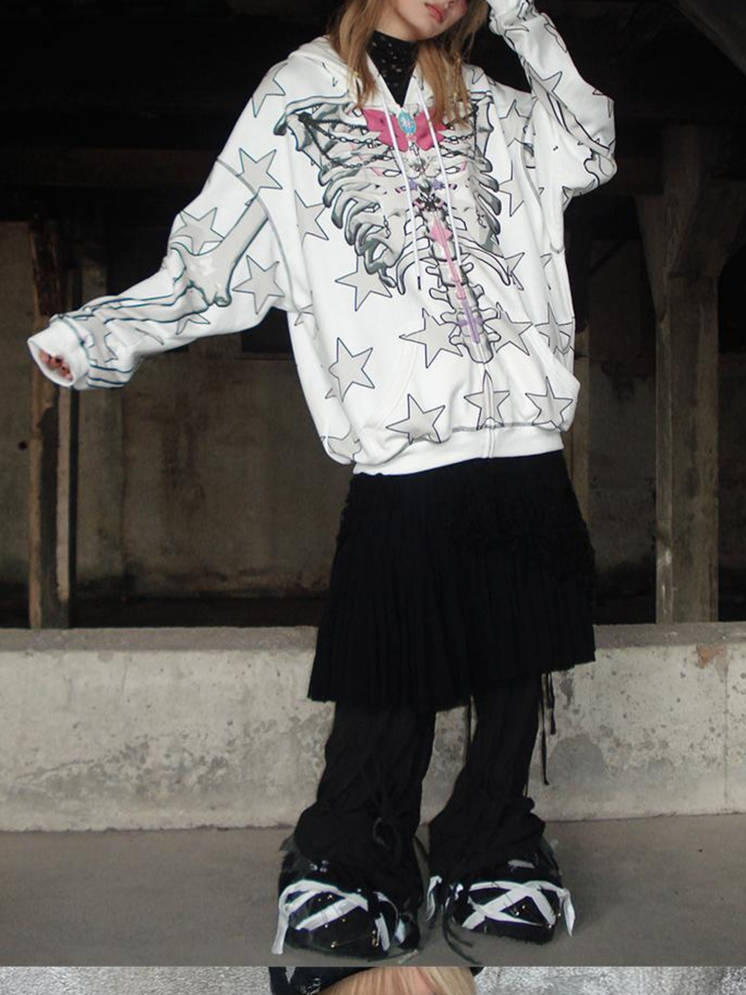 CFIERCE Bow Skull Print Hoodie