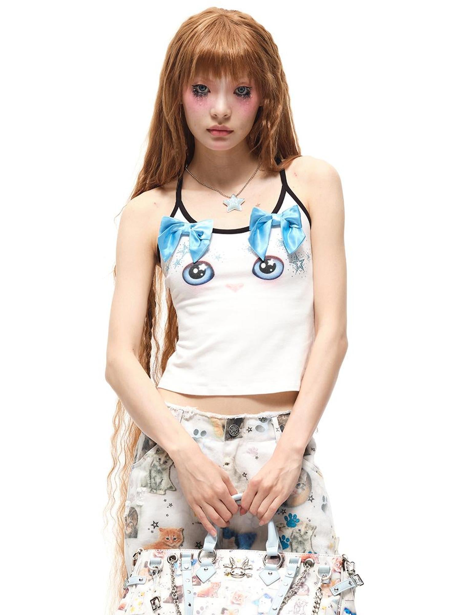 CFIERCE Butterfly Bow Strap Top With Rhinestone Cat Face