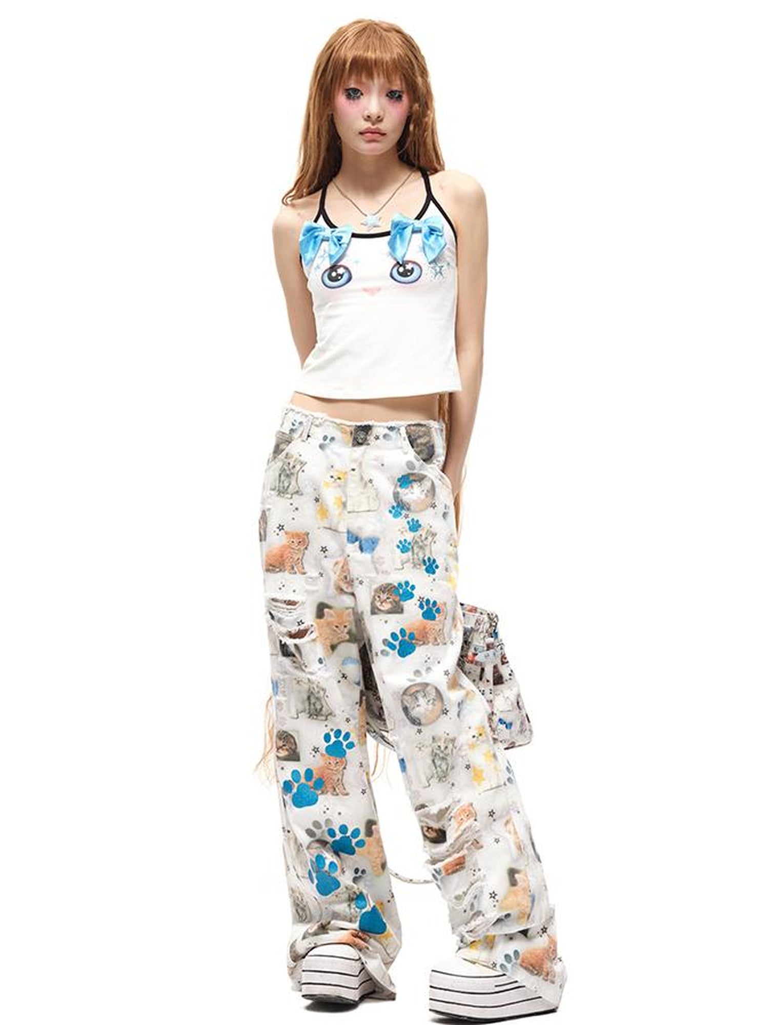 CFIERCE Butterfly Bow Strap Top With Rhinestone Cat Face