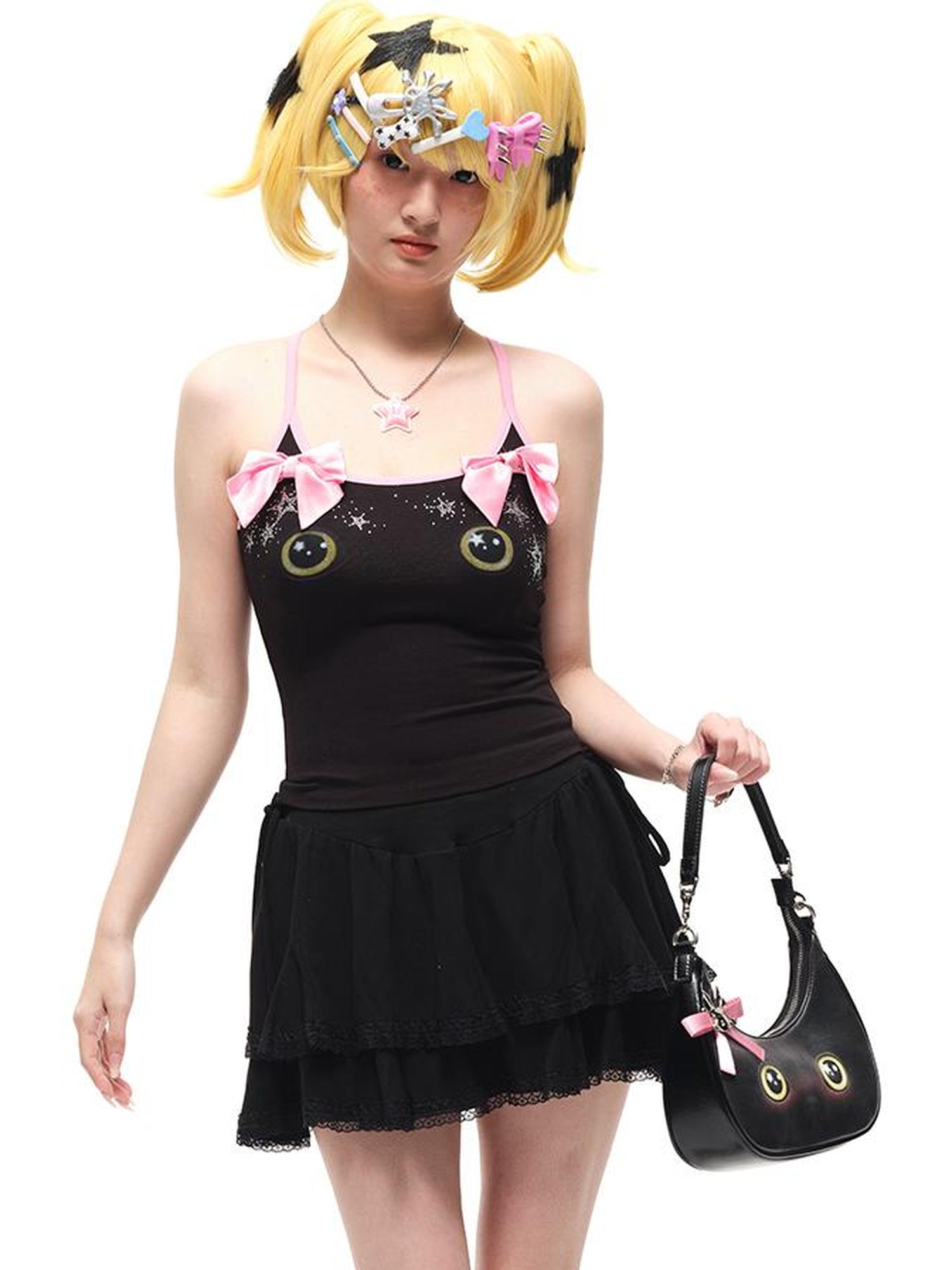 CFIERCE Butterfly Bow Strap Top With Rhinestone Cat Face