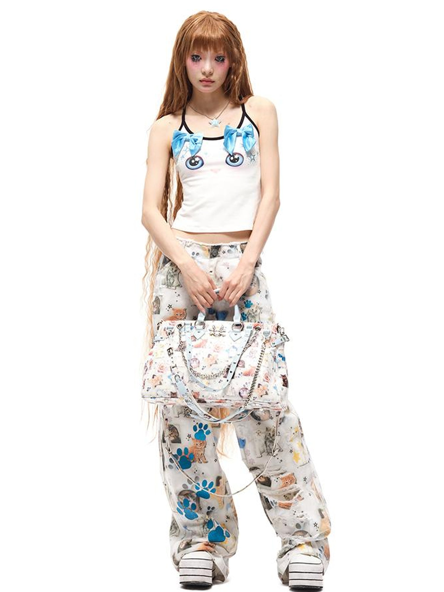 CFIERCE Butterfly Bow Strap Top With Rhinestone Cat Face