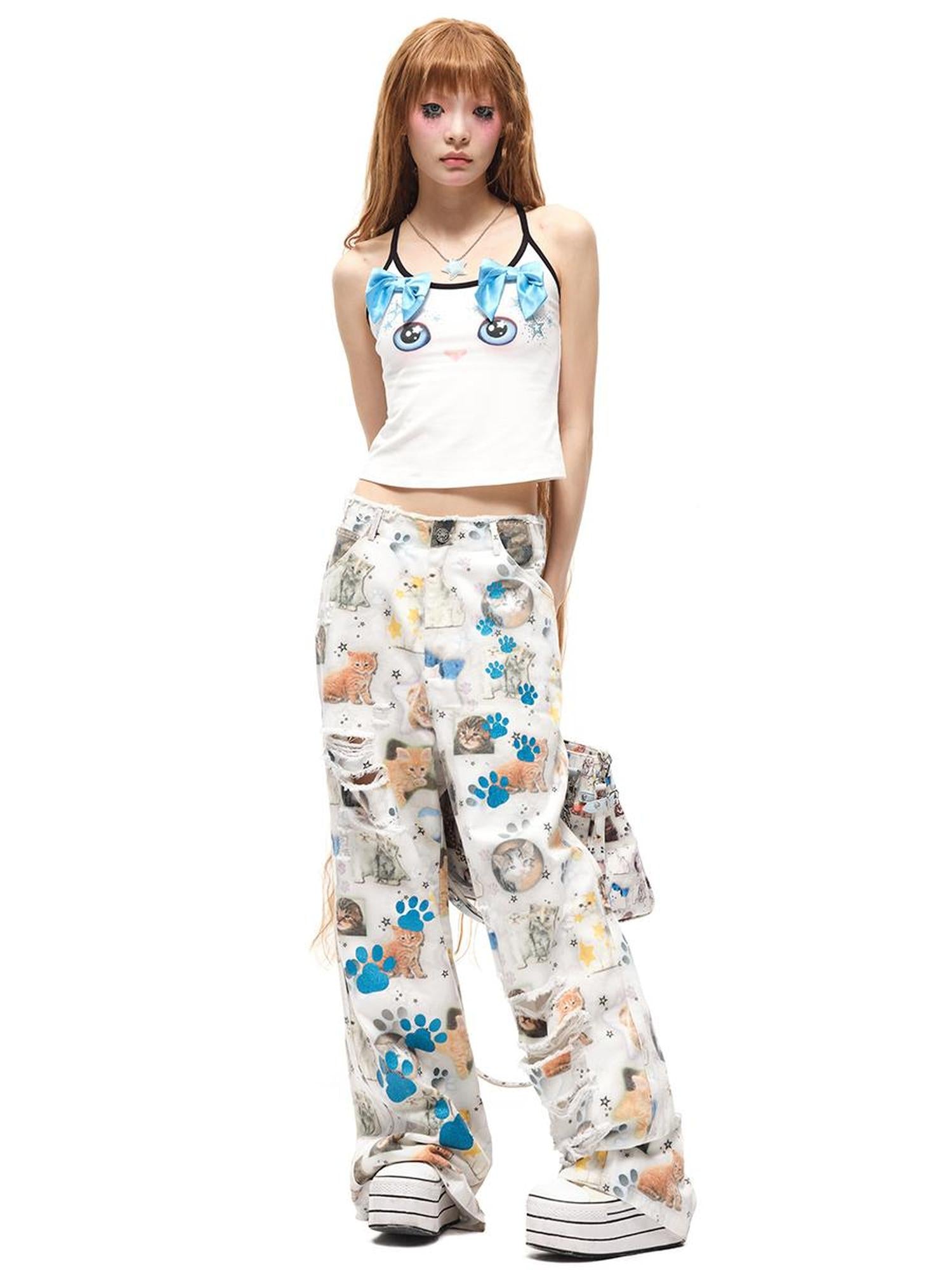 CFIERCE Butterfly Bow Strap Top With Rhinestone Cat Face