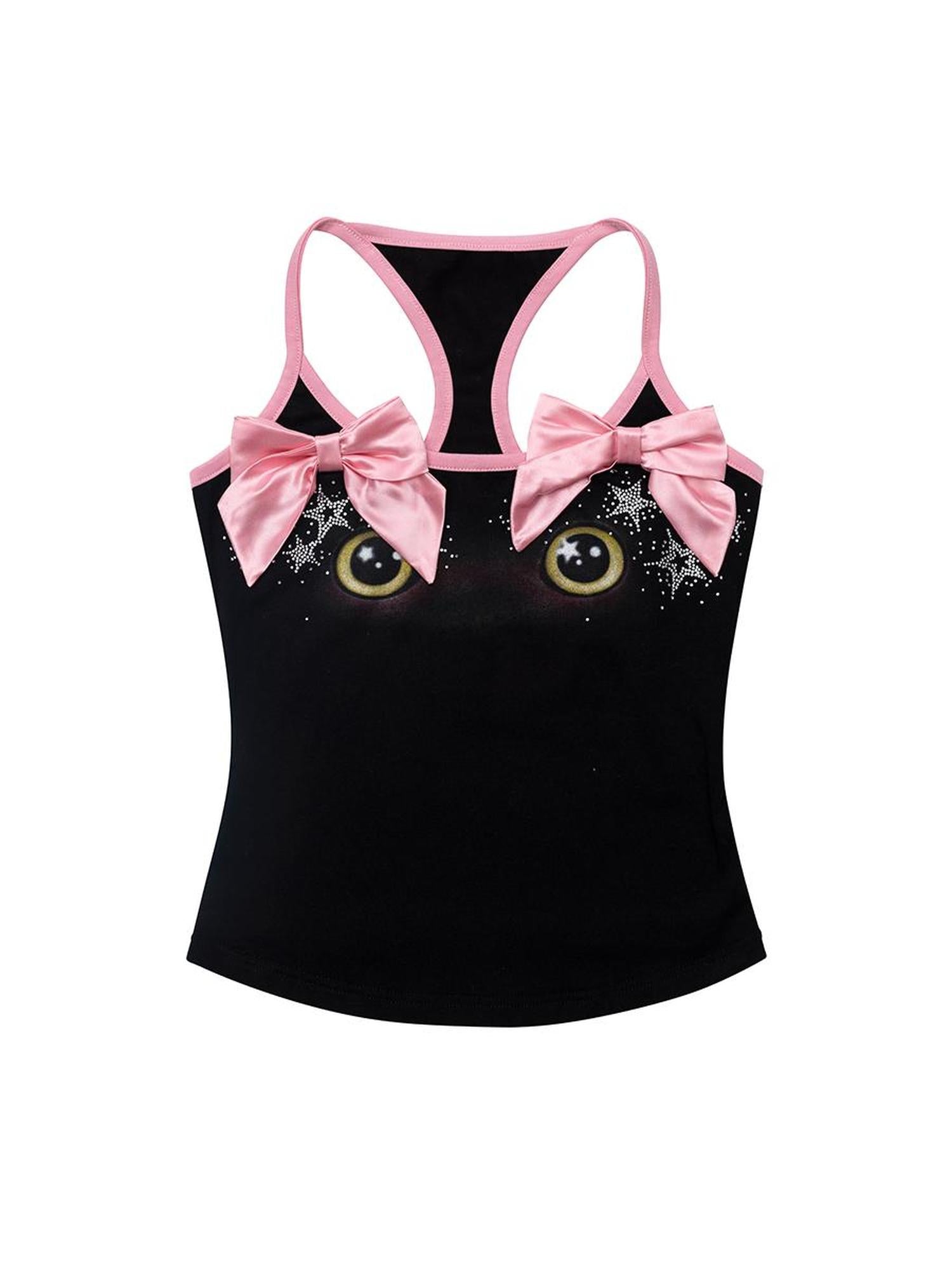 CFIERCE Butterfly Bow Strap Top With Rhinestone Cat Face