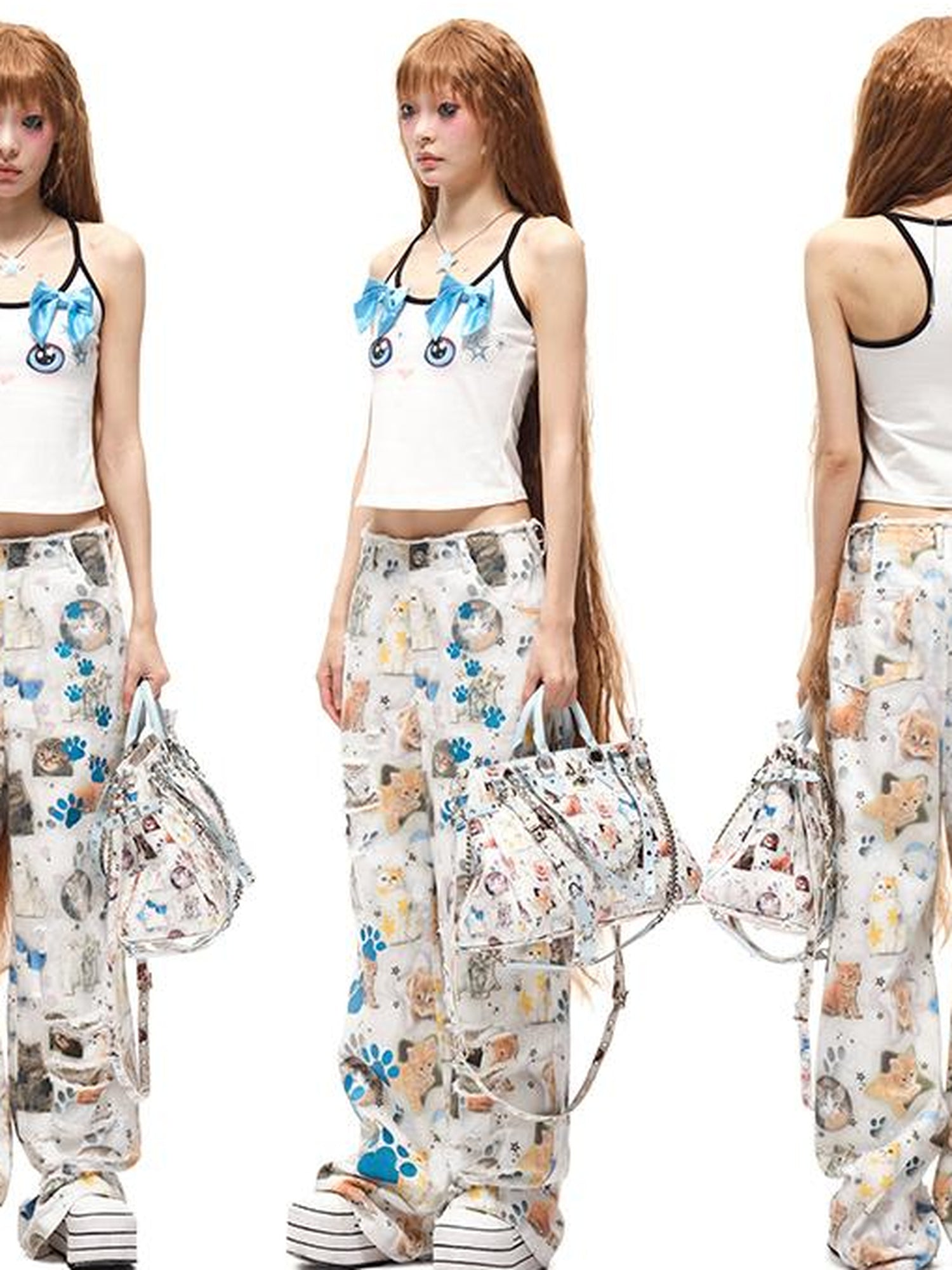 CFIERCE Butterfly Bow Strap Top With Rhinestone Cat Face