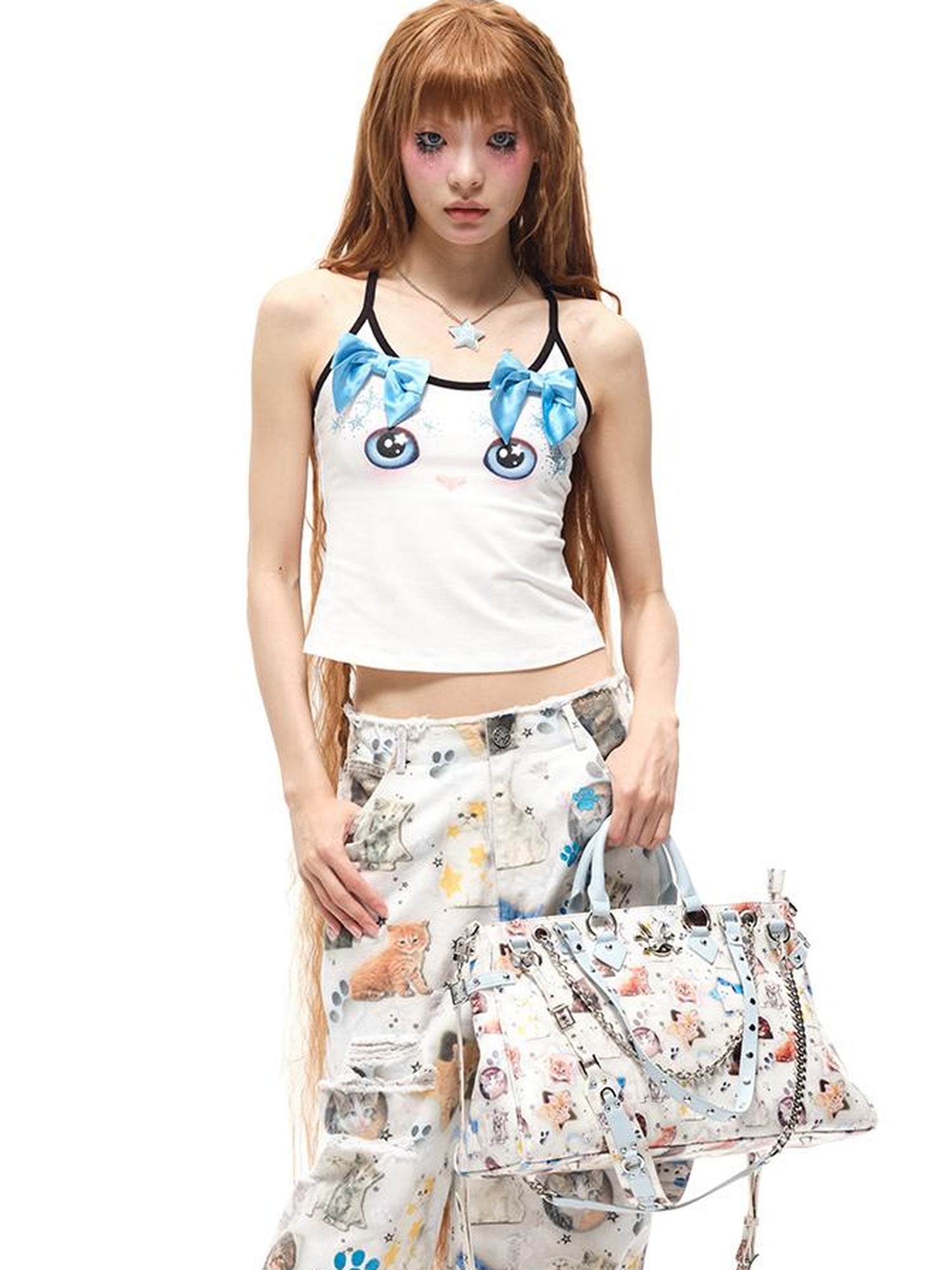 CFIERCE Butterfly Bow Strap Top With Rhinestone Cat Face