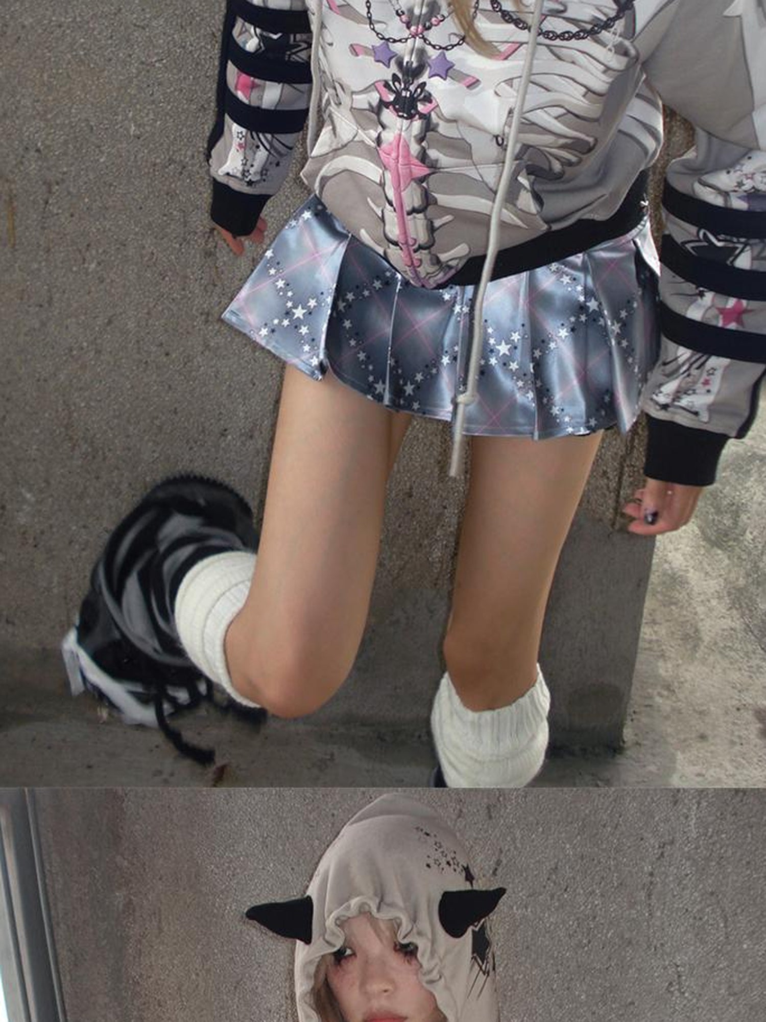 CFIERCE Butterfly Skull Print Pointed Hoodie