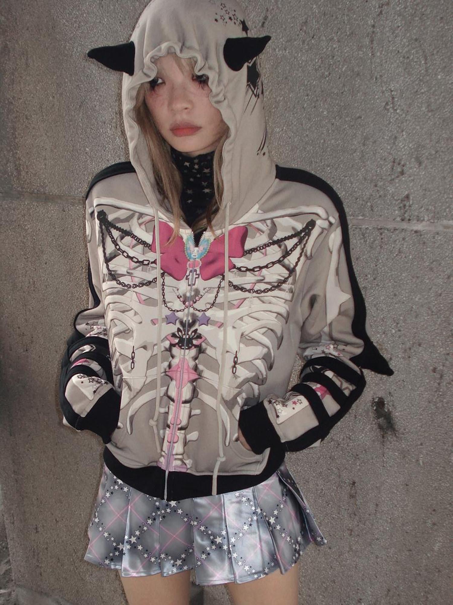CFIERCE Butterfly Skull Print Pointed Hoodie