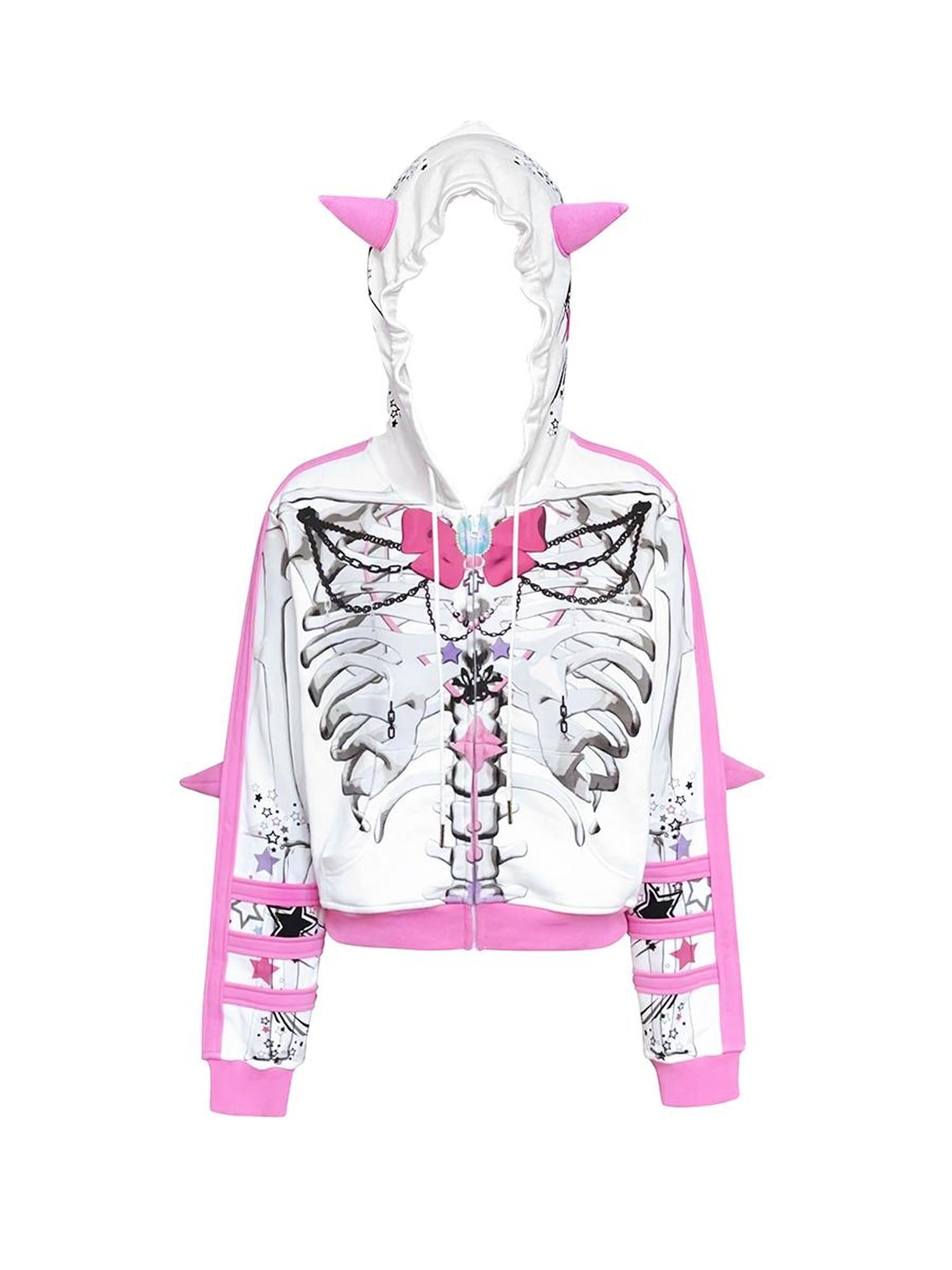 CFIERCE Butterfly Skull Print Pointed Hoodie