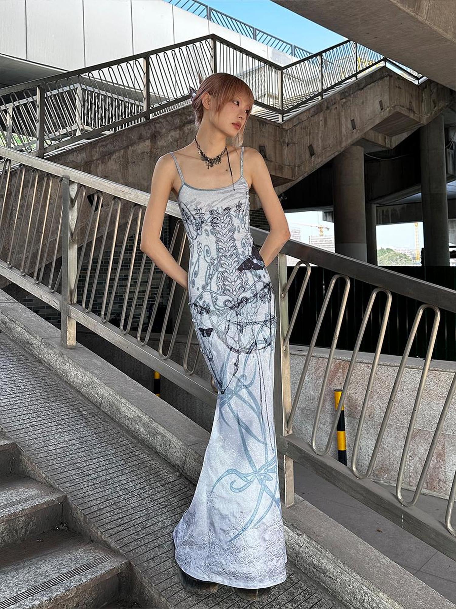 CFIERCE Butterfly Thorn Print Slip Mermaid Gown
