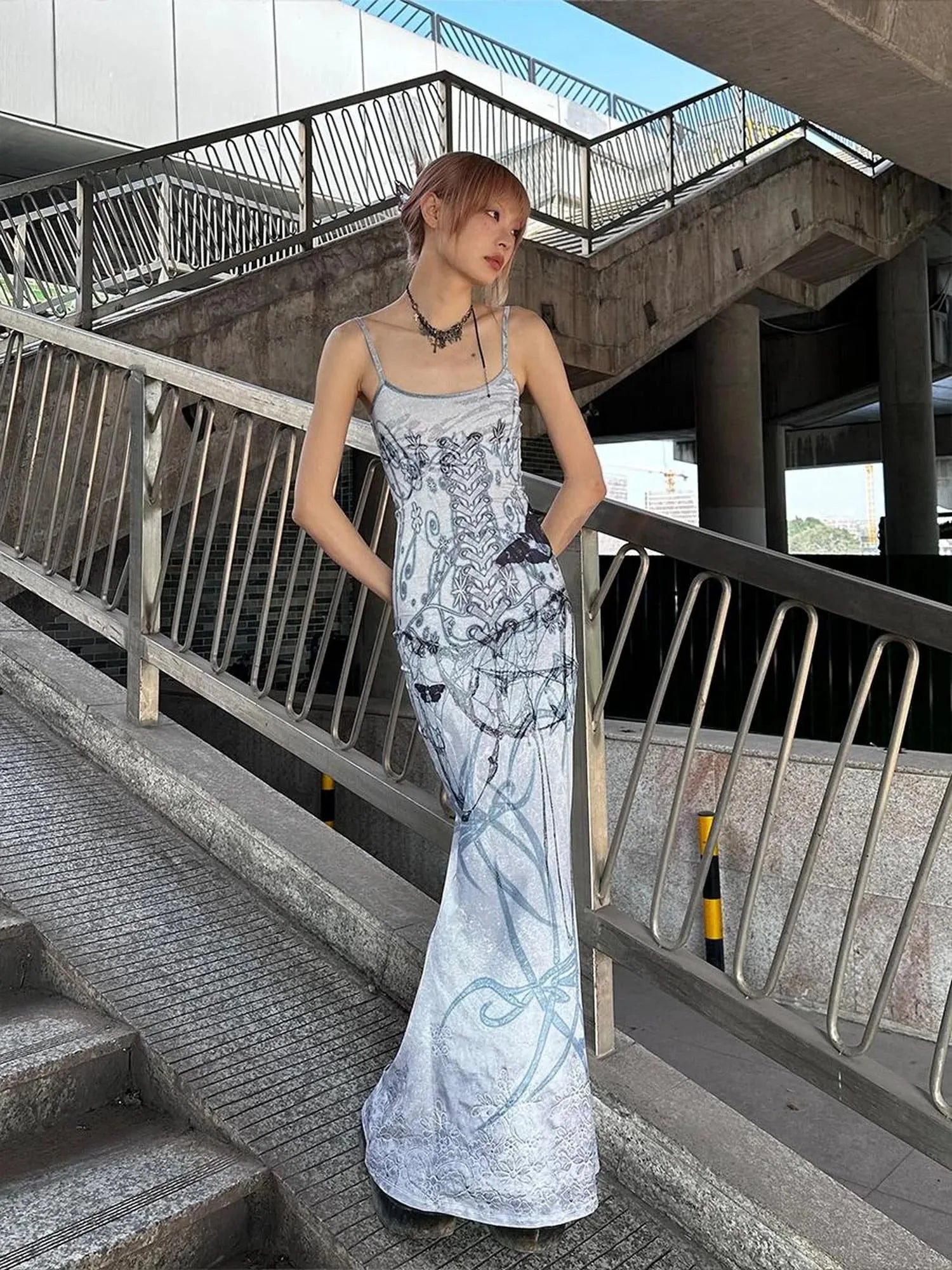 Butterfly Thorn Print Slip Mermaid Gown
