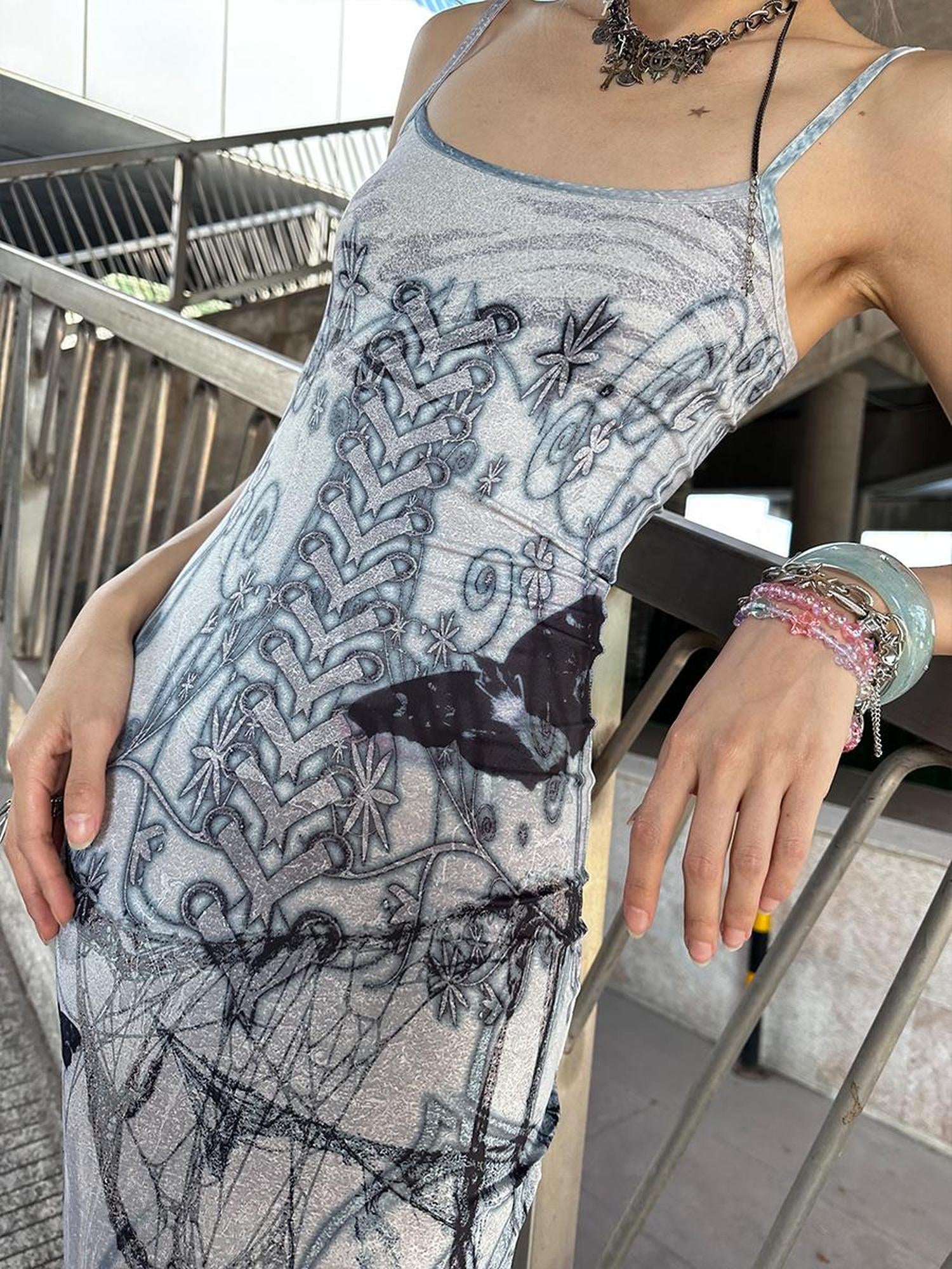 CFIERCE Butterfly Thorn Print Slip Mermaid Gown