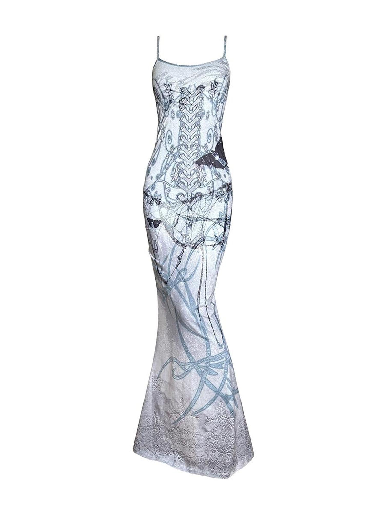 CFIERCE Butterfly Thorn Print Slip Mermaid Gown