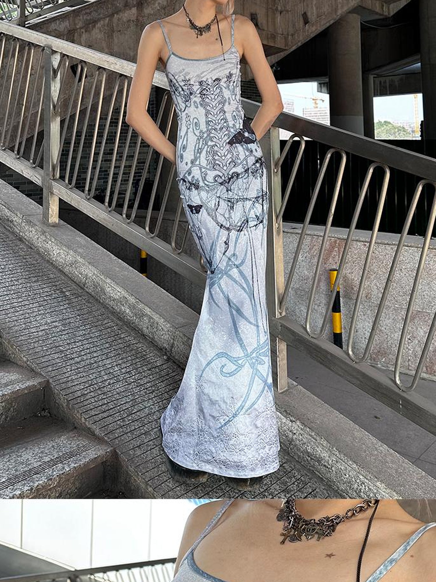 CFIERCE Butterfly Thorn Print Slip Mermaid Gown