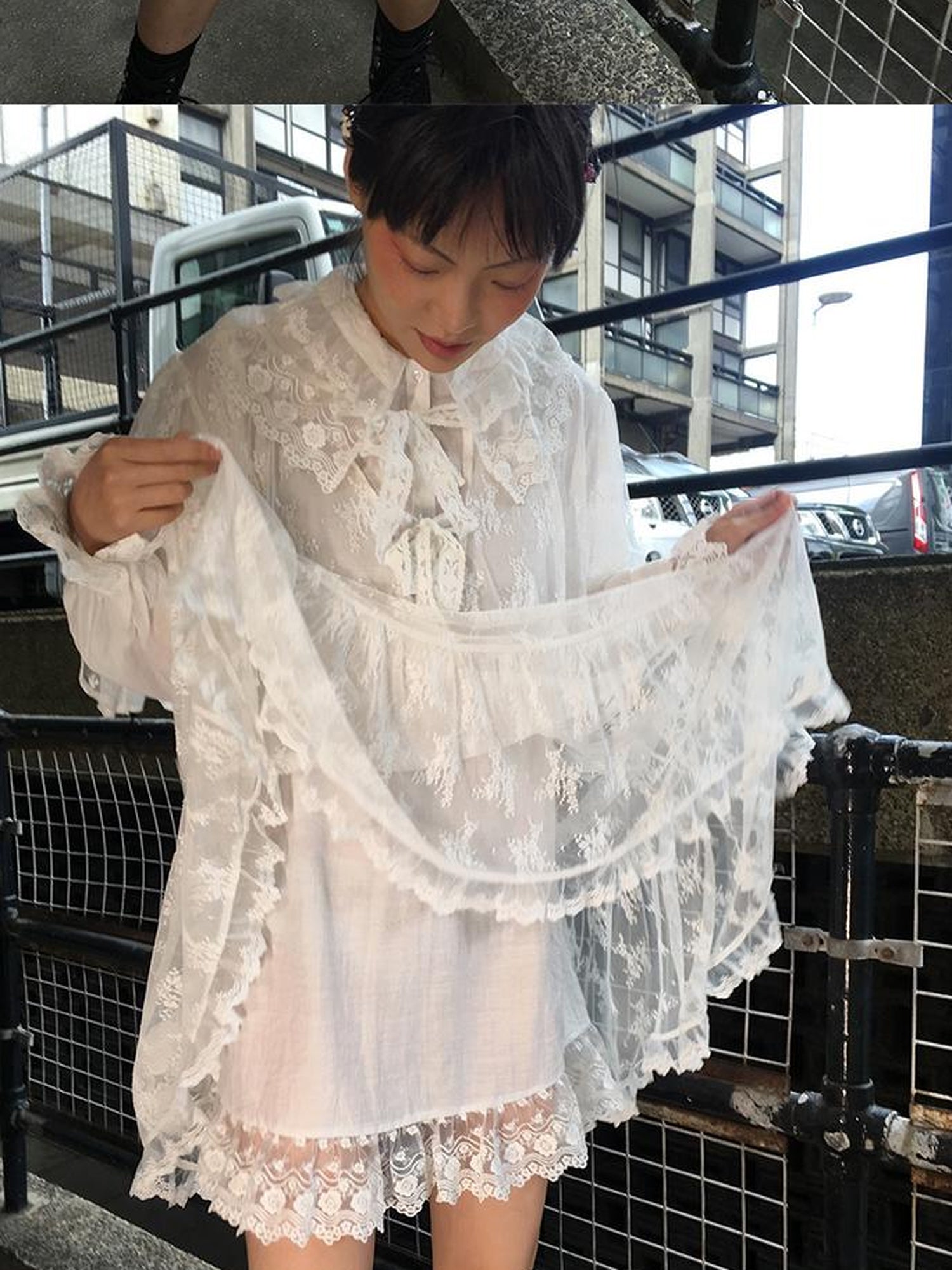 CFIERCE Castle Lace Elegant Double Layer Lace Dress V Neck T Shirt Long Sleeve