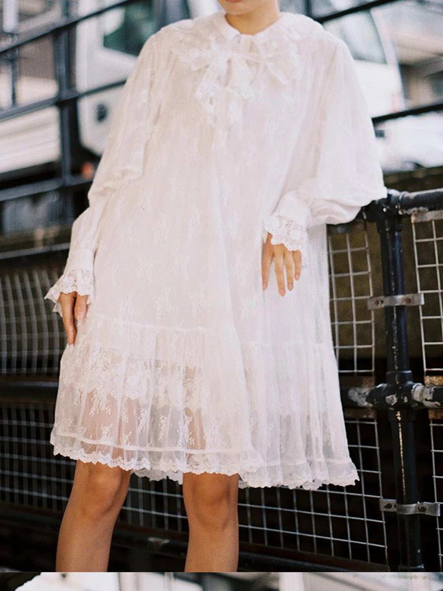 Castle Lace Elegant Double Layer Lace Dress V Neck T Shirt Long Sleeve