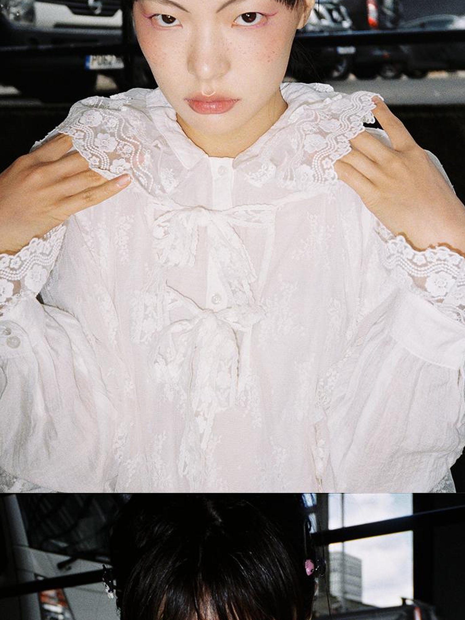 CFIERCE Castle Lace Elegant Double Layer Lace Dress V Neck T Shirt Long Sleeve