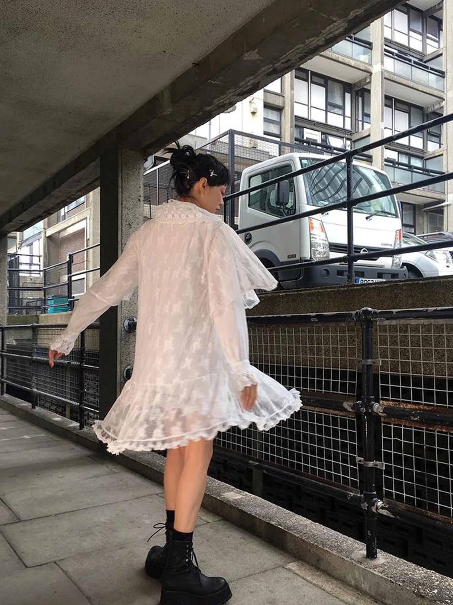 Castle Lace Elegant Double Layer Lace Dress V Neck T Shirt Long Sleeve