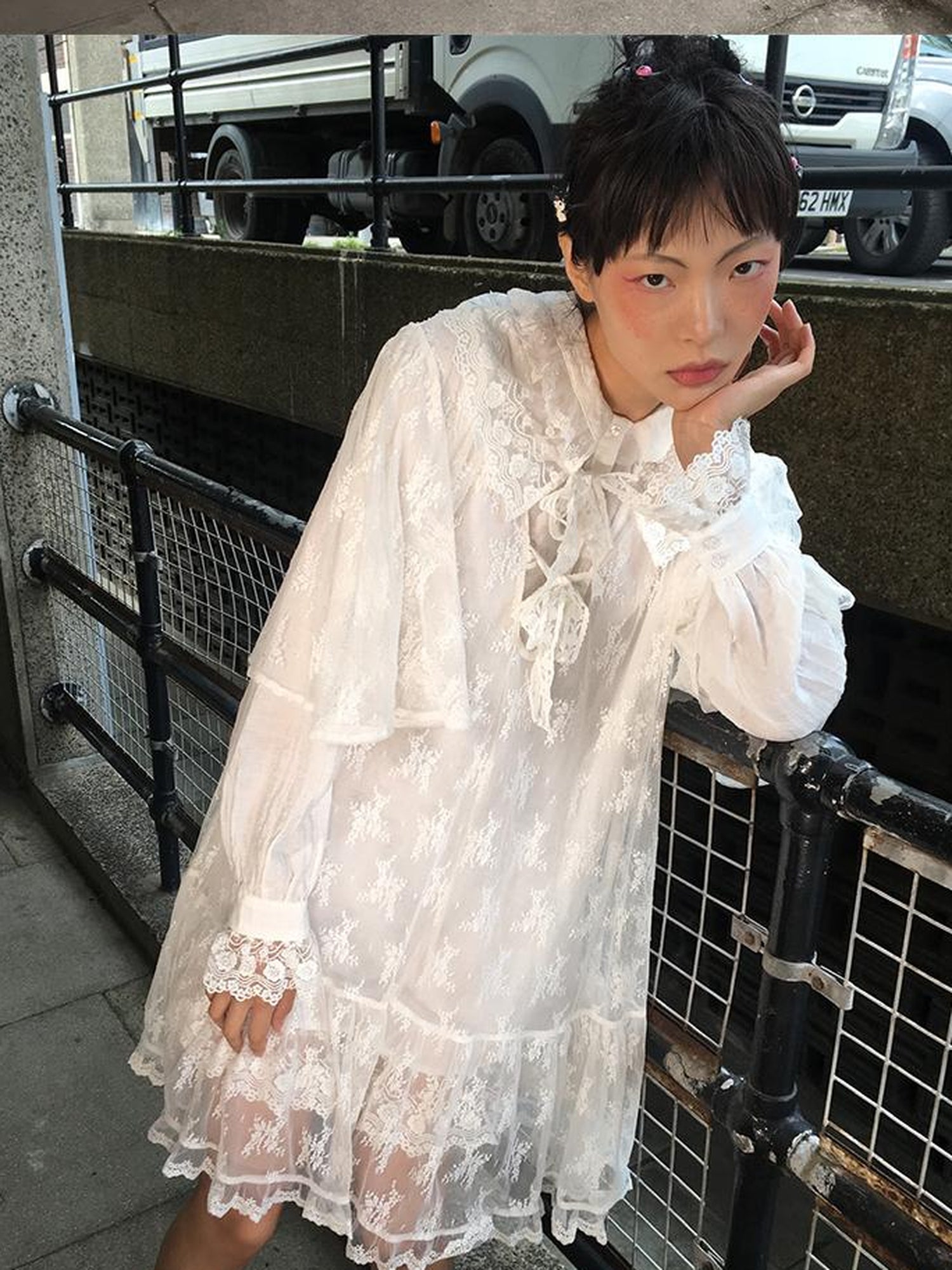 CFIERCE Castle Lace Elegant Double Layer Lace Dress V Neck T Shirt Long Sleeve