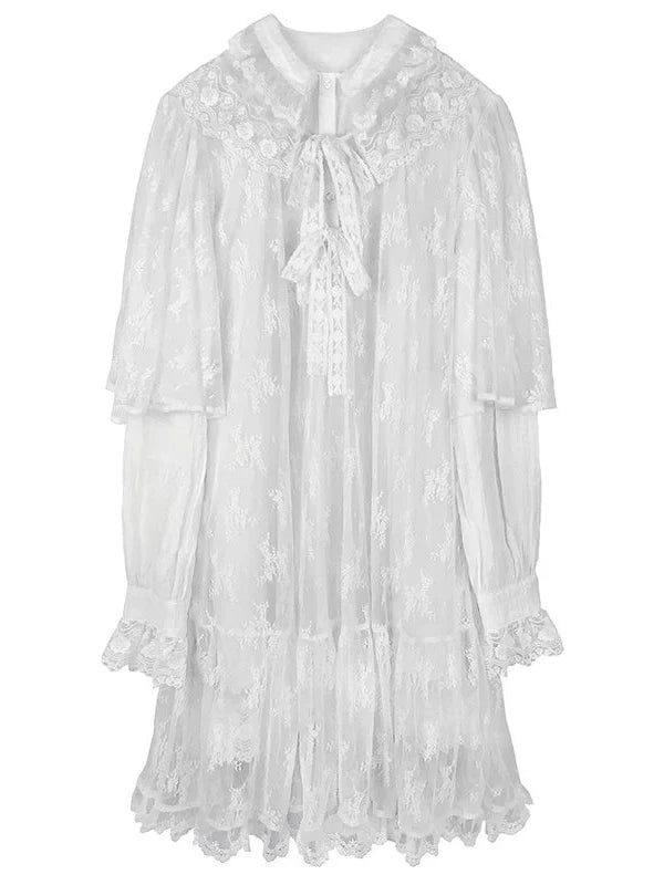 Castle Lace Elegant Double Layer Lace Dress V Neck T Shirt Long Sleeve
