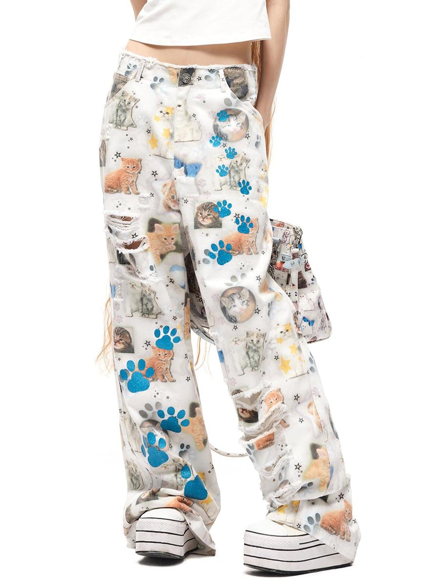 CFIERCE Cat Print Denim Jeans With Model Fit Guide