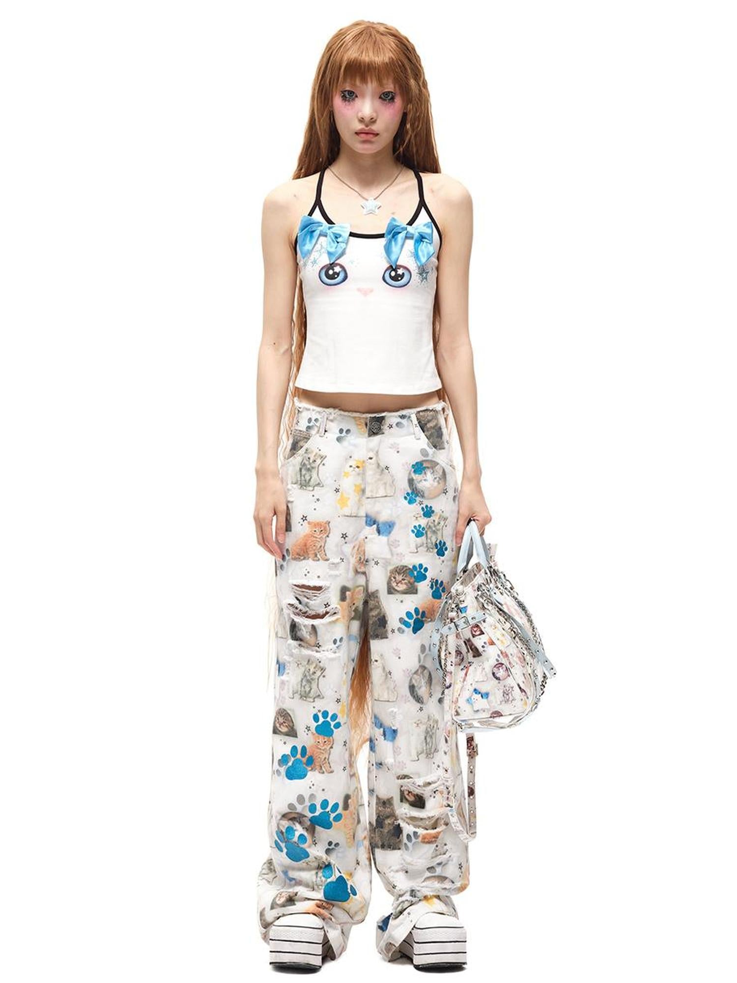 CFIERCE Cat Print Denim Jeans With Model Fit Guide