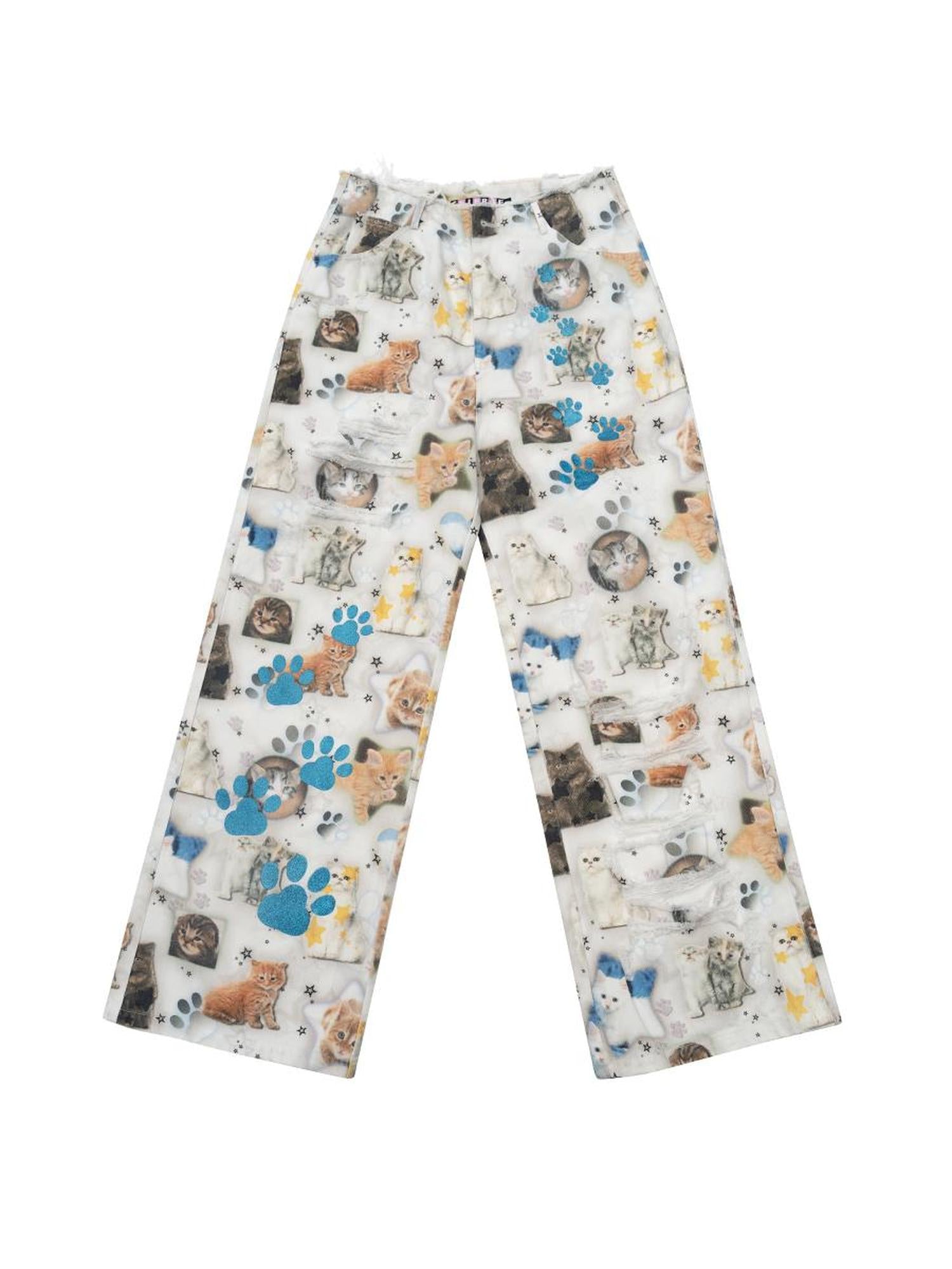 CFIERCE Cat Print Denim Jeans With Model Fit Guide