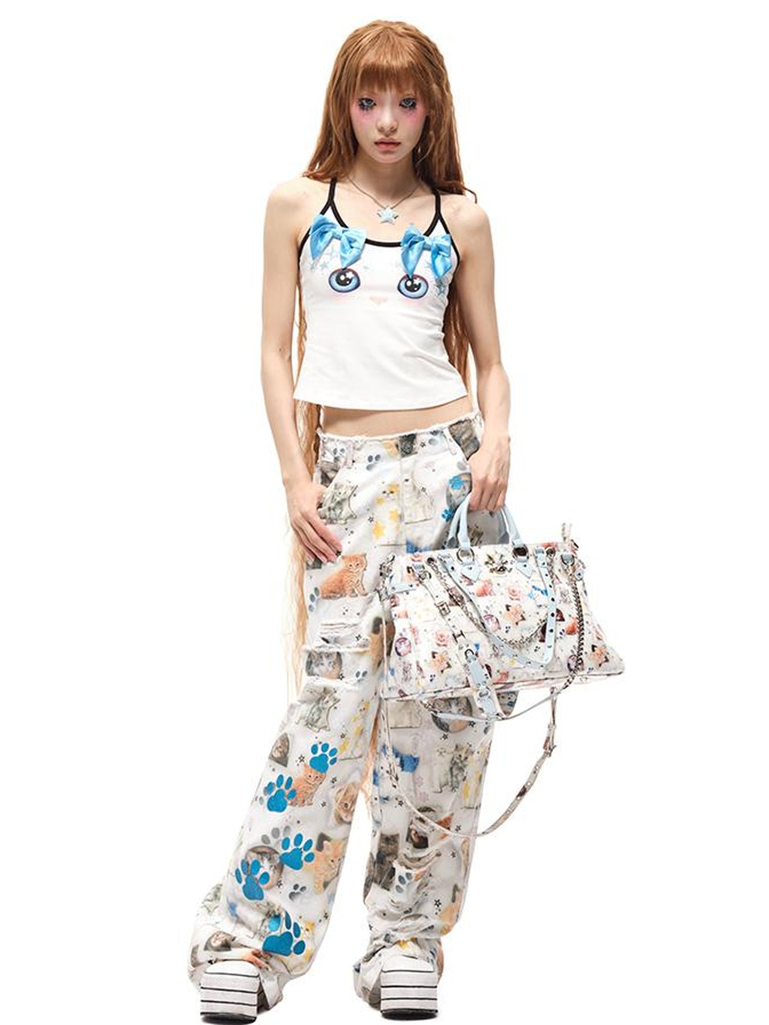 CFIERCE Cat Print Denim Jeans With Model Fit Guide