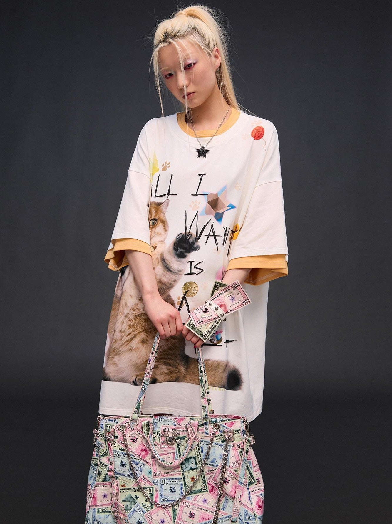 CFIERCE Cat Print Drop Shoulder Women&