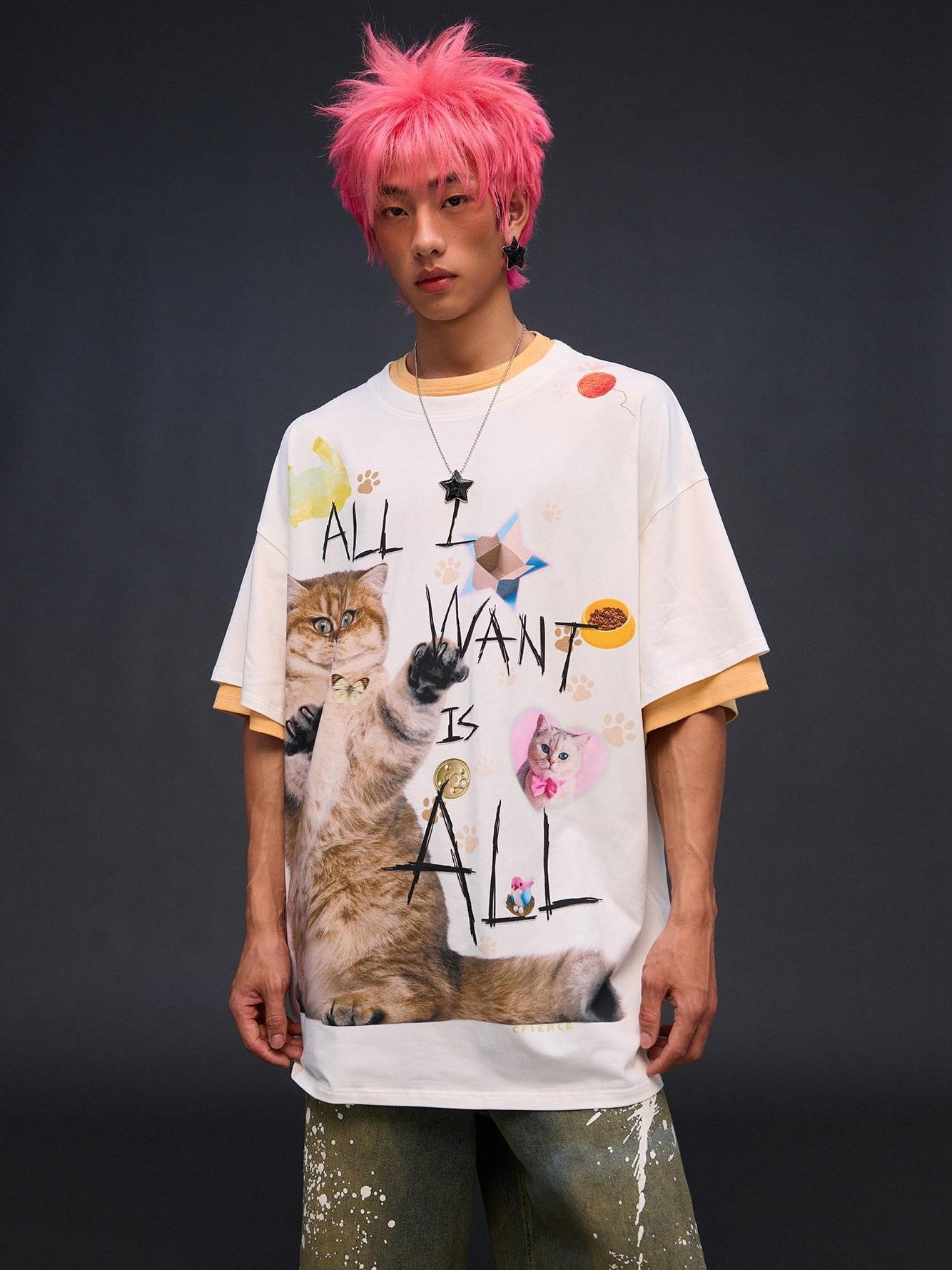 CFIERCE Cat Print Drop Shoulder Women&