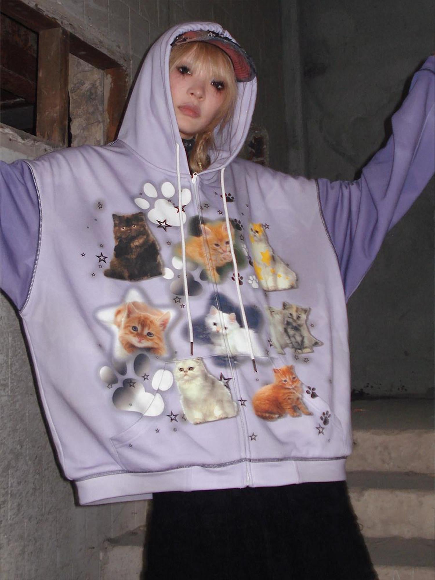 CFIERCE Cat Print Hooded Sweatshirt