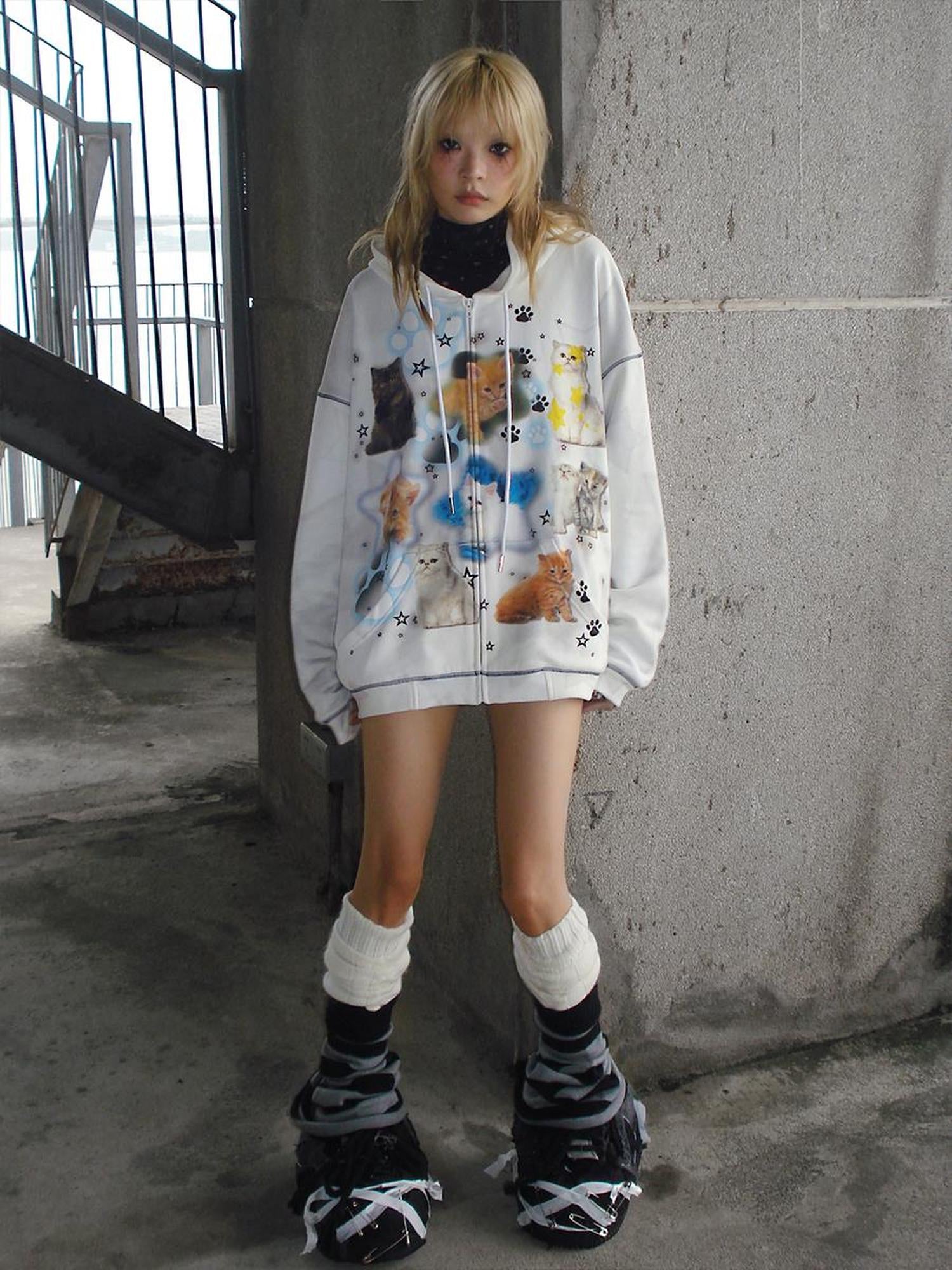 CFIERCE Cat Print Hooded Sweatshirt