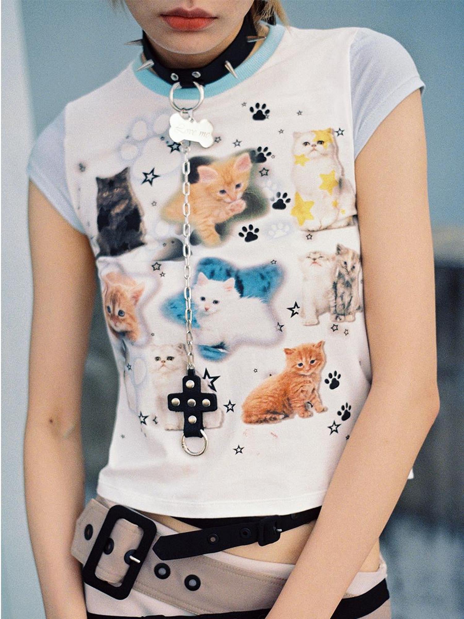 CFIERCE Cat Print Love Me Tee V Neck T Shirt Long Sleeve