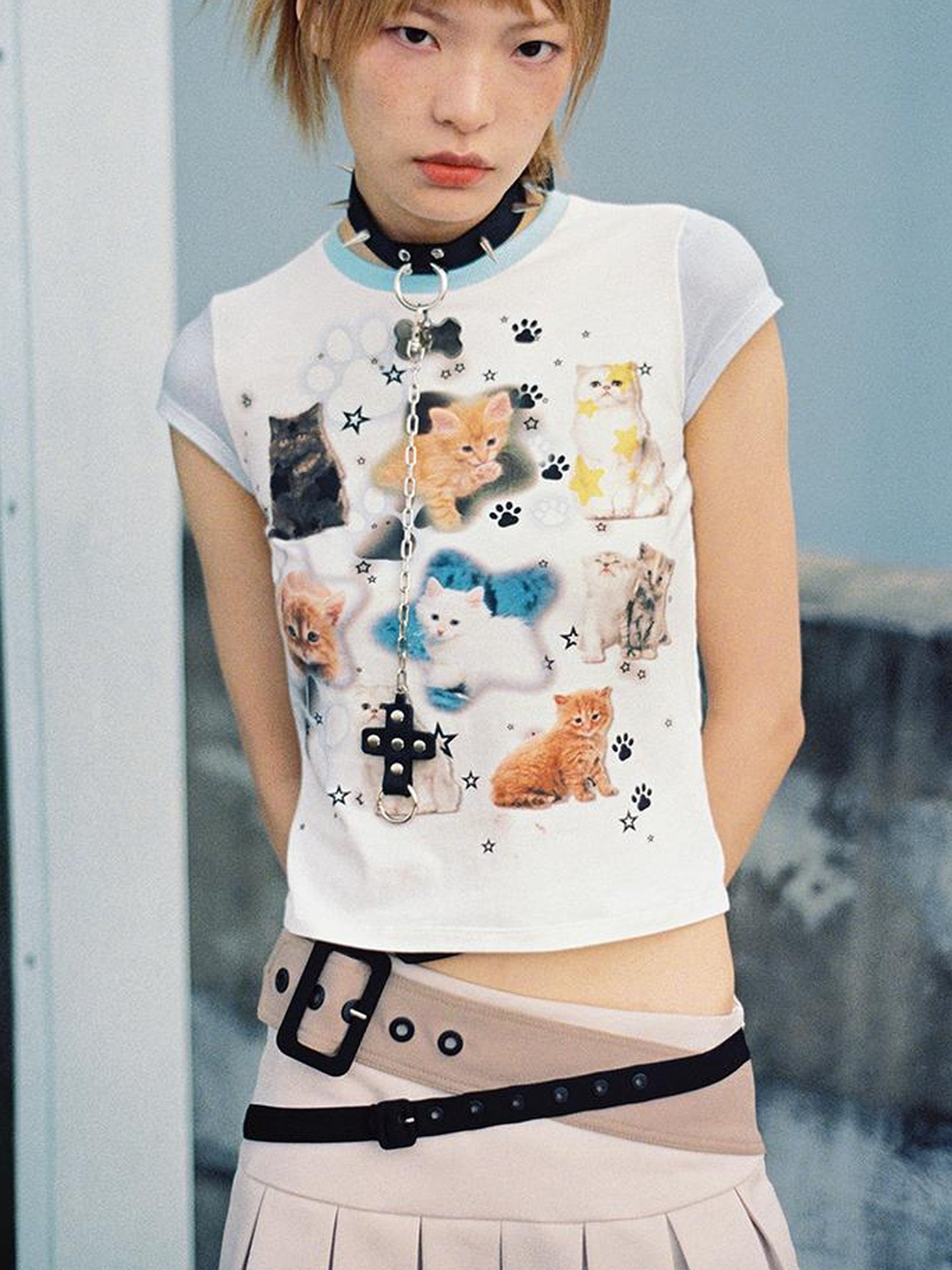 CFIERCE Cat Print Love Me Tee V Neck T Shirt Long Sleeve