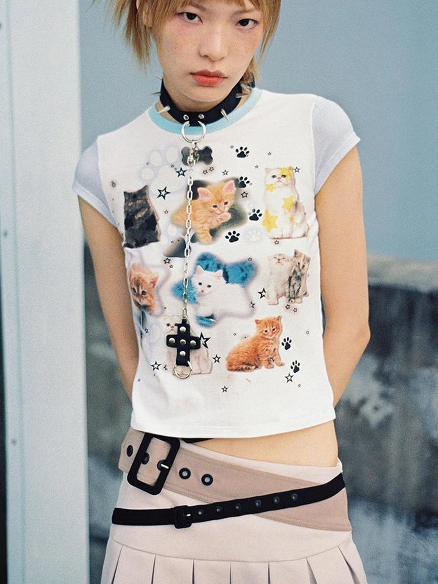Cat Print Love Me Tee V Neck T Shirt Long Sleeve