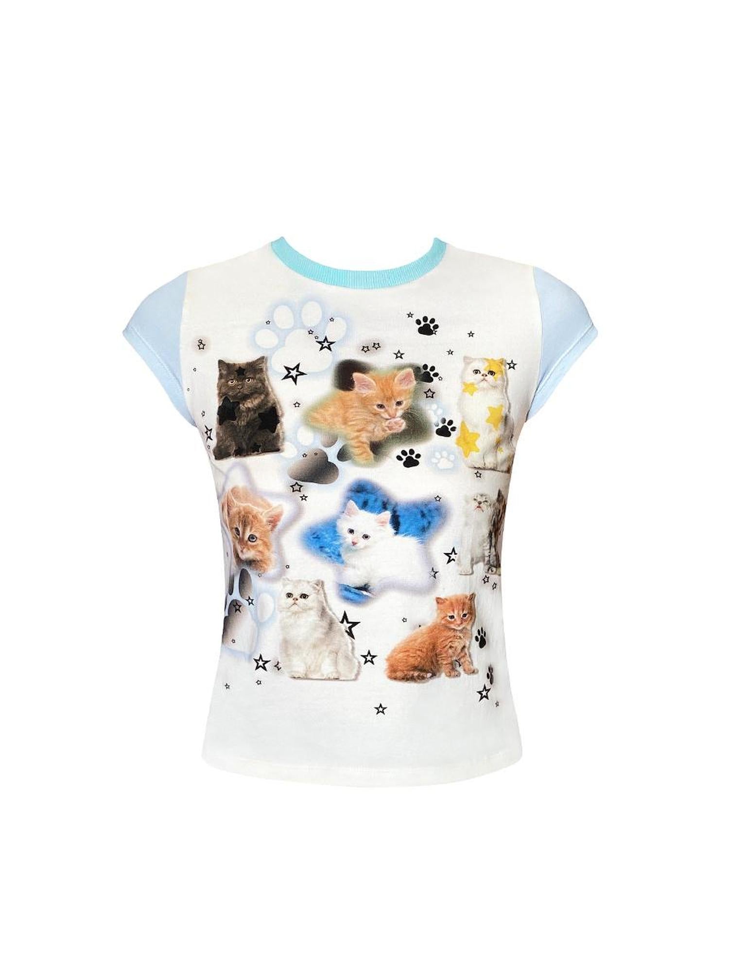 CFIERCE Cat Print Love Me Tee V Neck T Shirt Long Sleeve