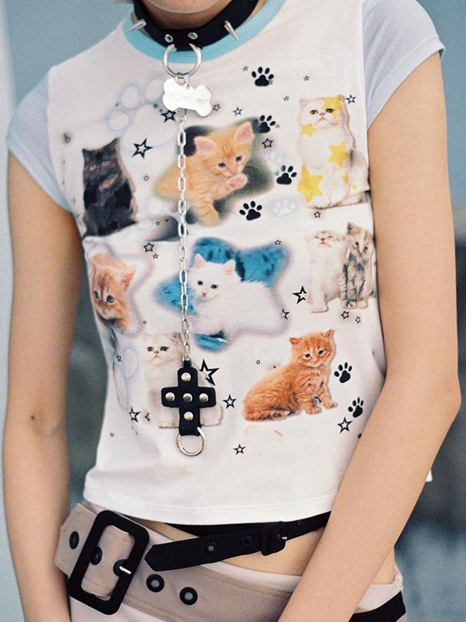 CFIERCE Cat Print Love Me Tee V Neck T Shirt Long Sleeve