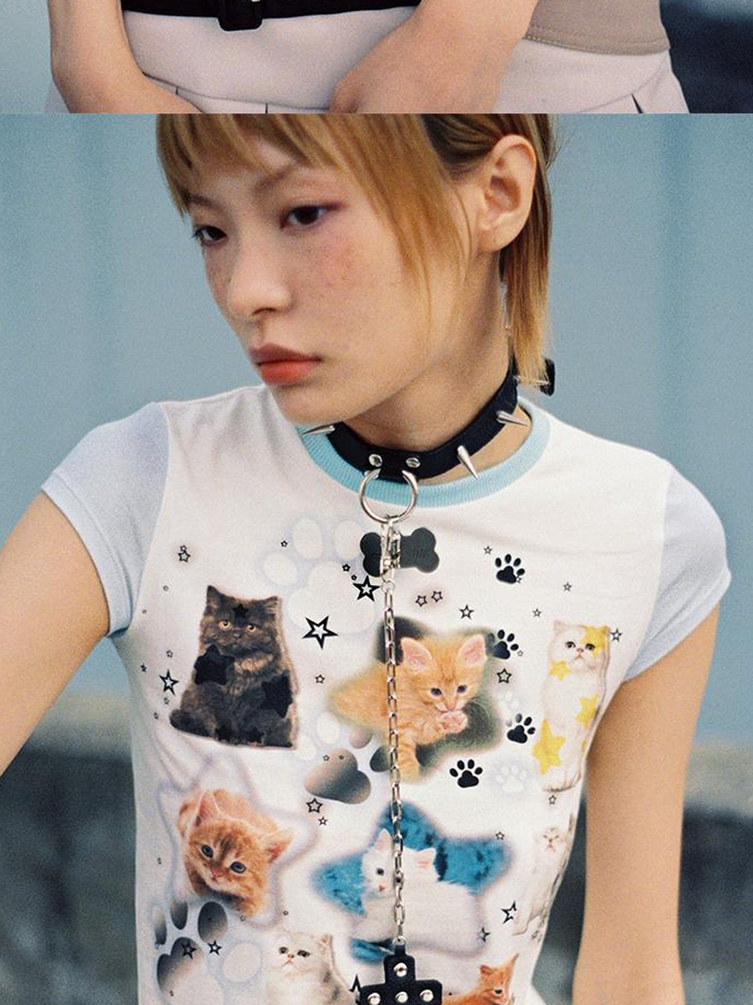 CFIERCE Cat Print Love Me Tee V Neck T Shirt Long Sleeve