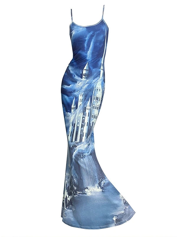 Coastal Castle Floral Print Slip Mermaid Maxi Dress