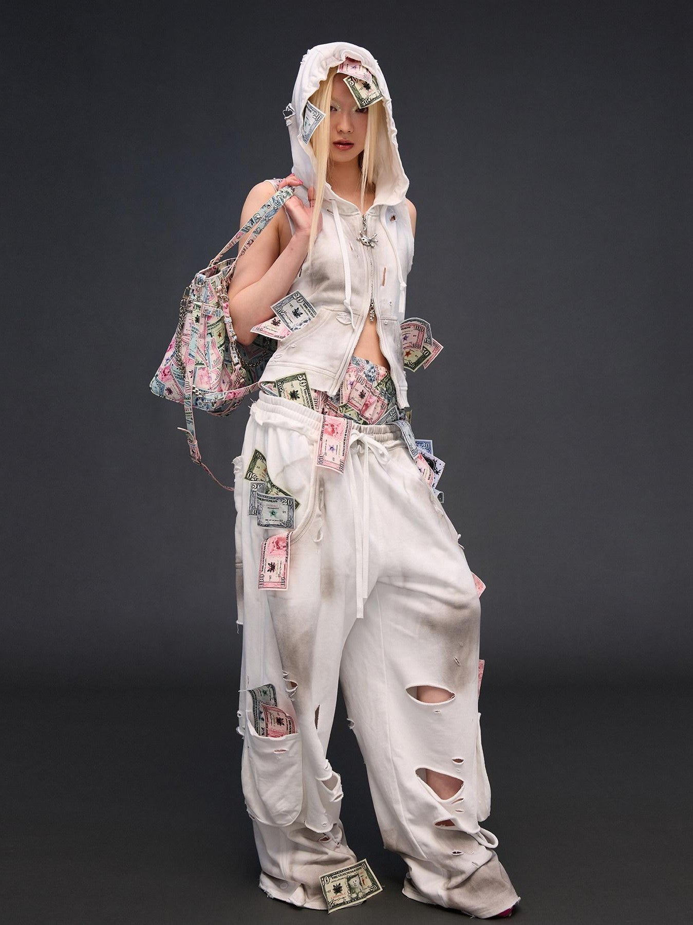 CFIERCE Cropped Distressed Ripped Money Print Zip Front Women&