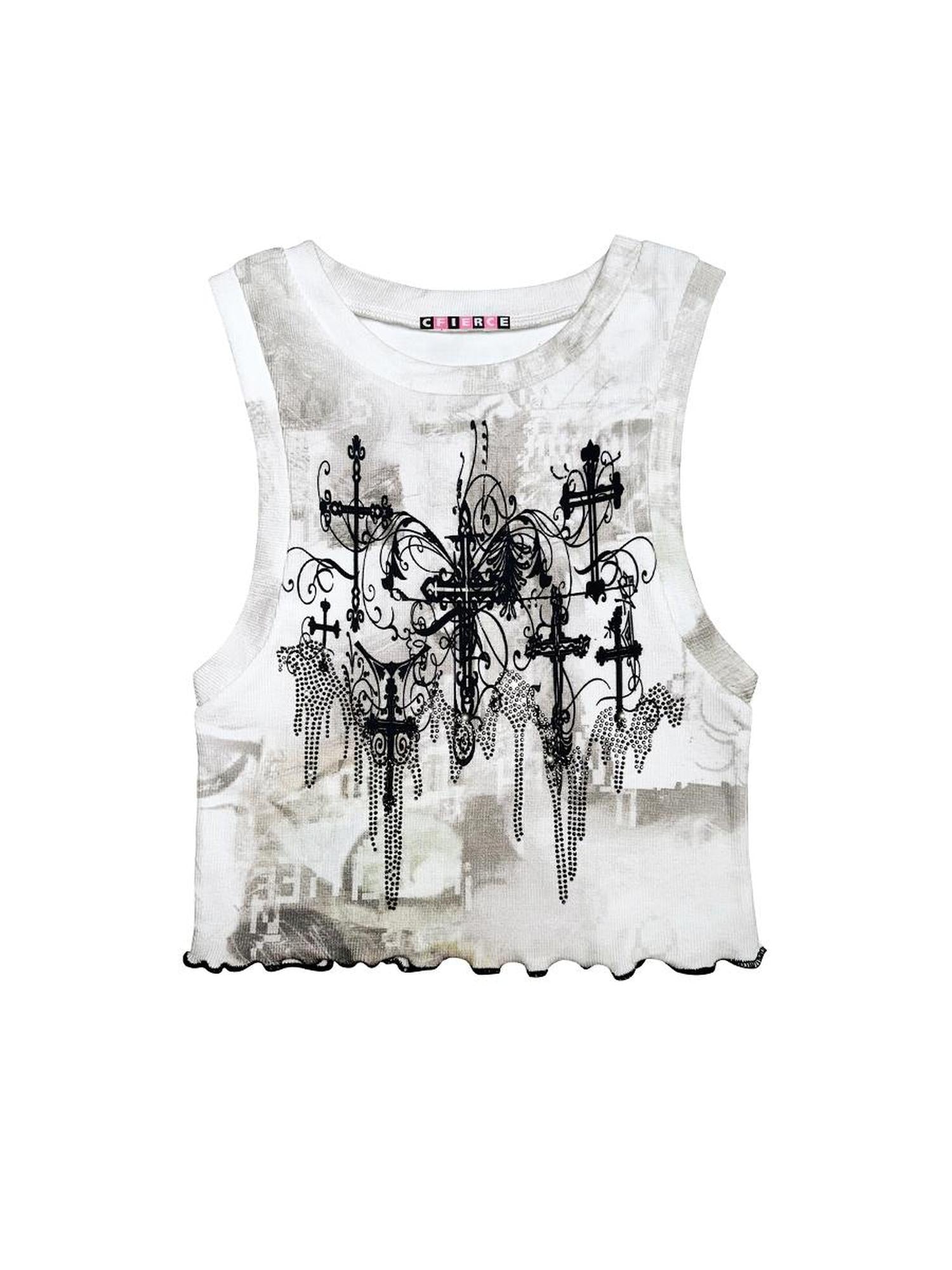 CFIERCE Cross Crystal Print Vest