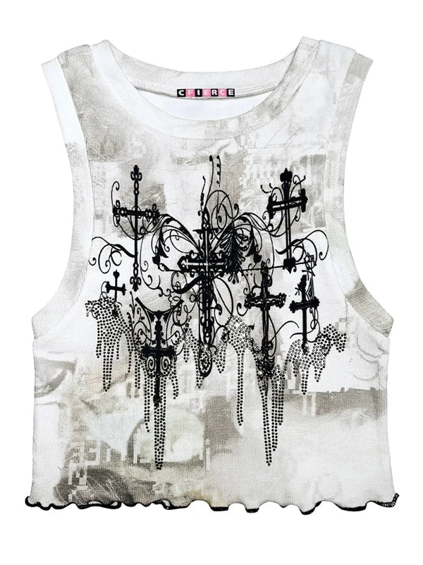 Cross Crystal Print Vest