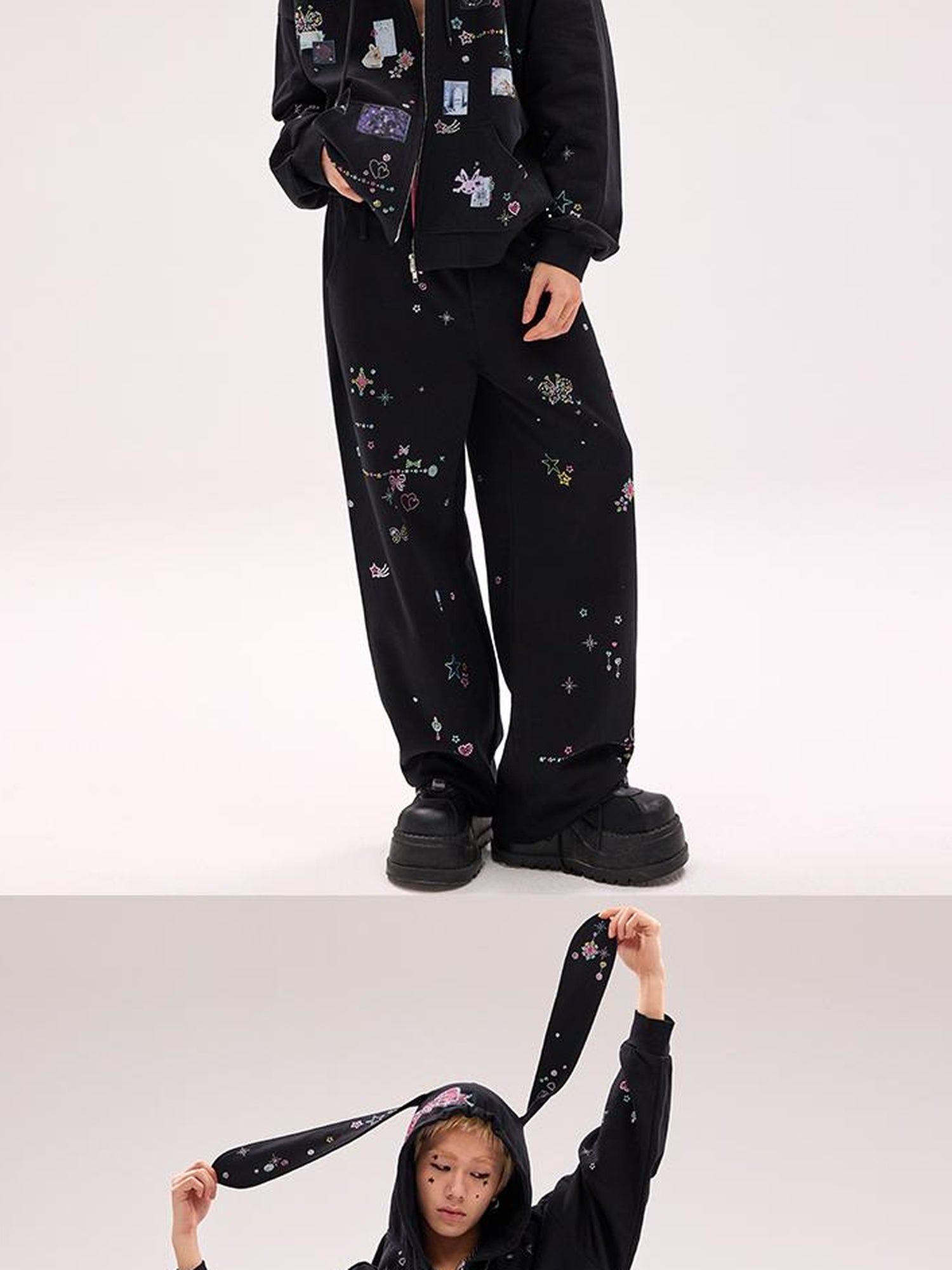 CFIERCE Crystal Embellished Cotton Sweatpants