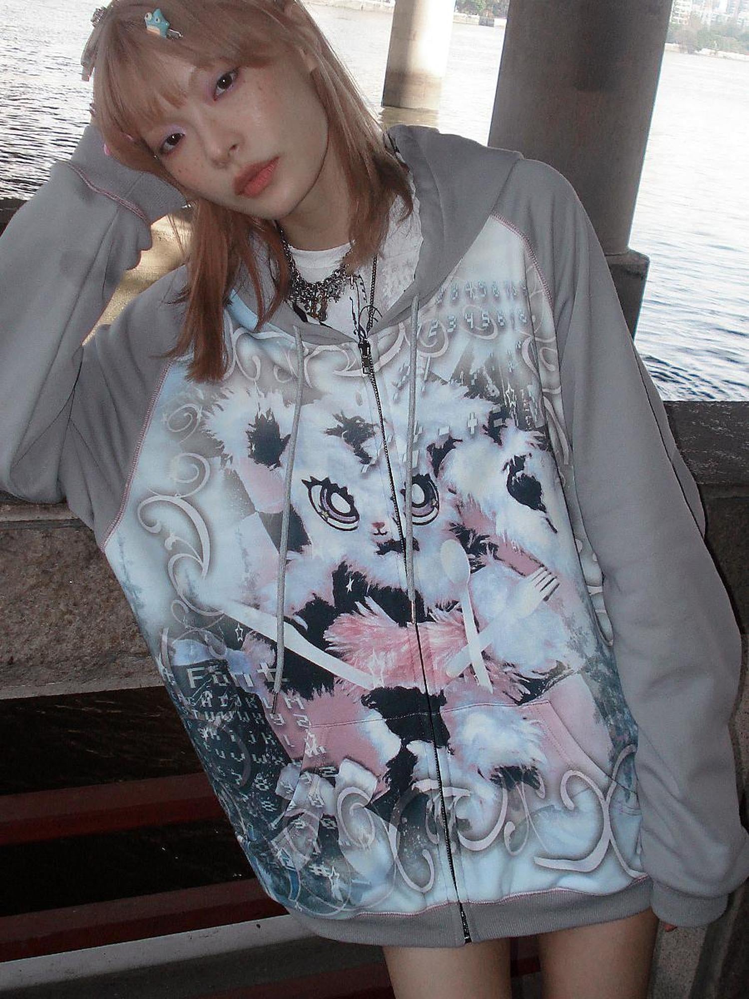 CFIERCE Cute Rabbit Print Loose Hooded Sweatshirt