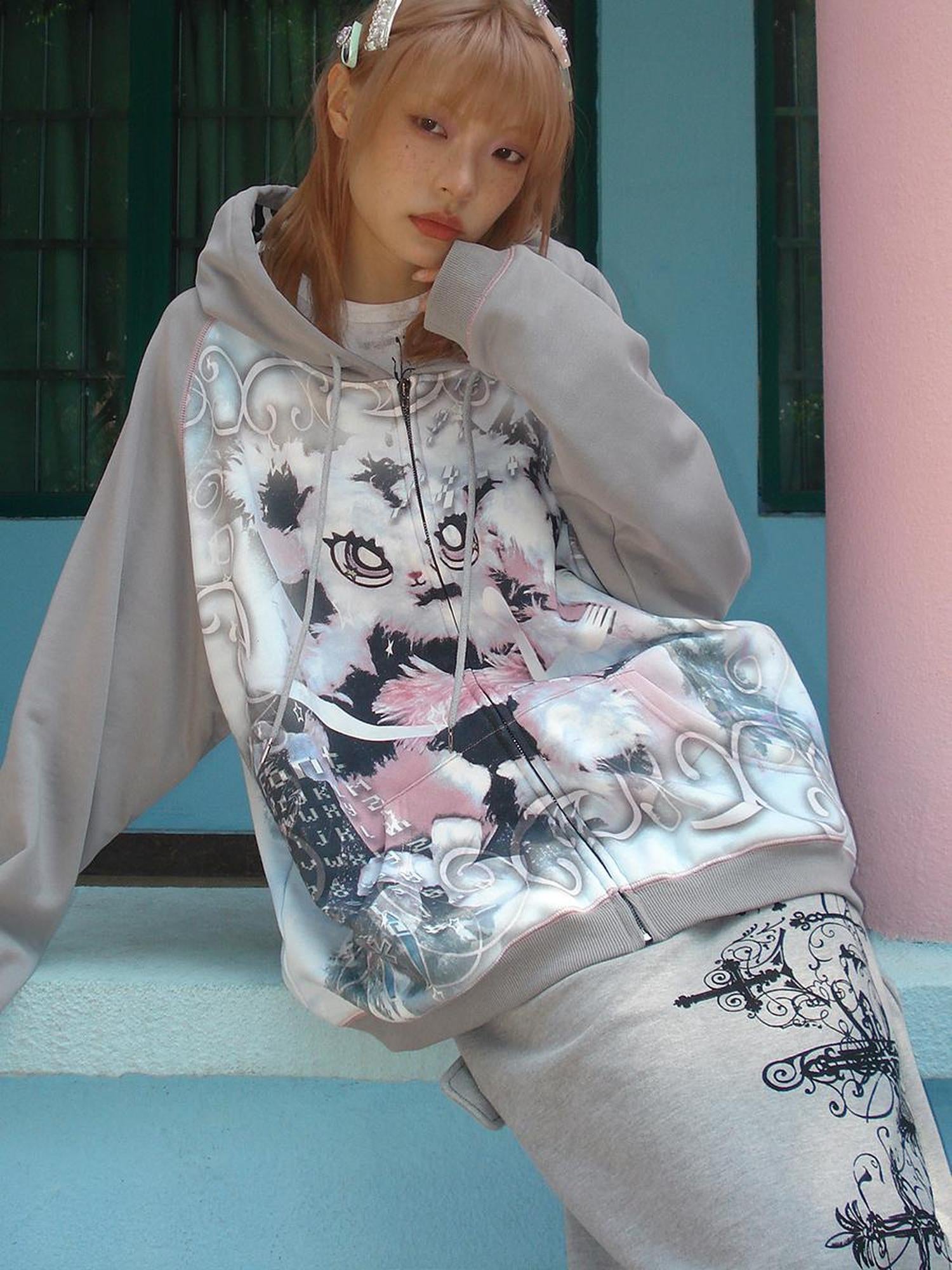 CFIERCE Cute Rabbit Print Loose Hooded Sweatshirt
