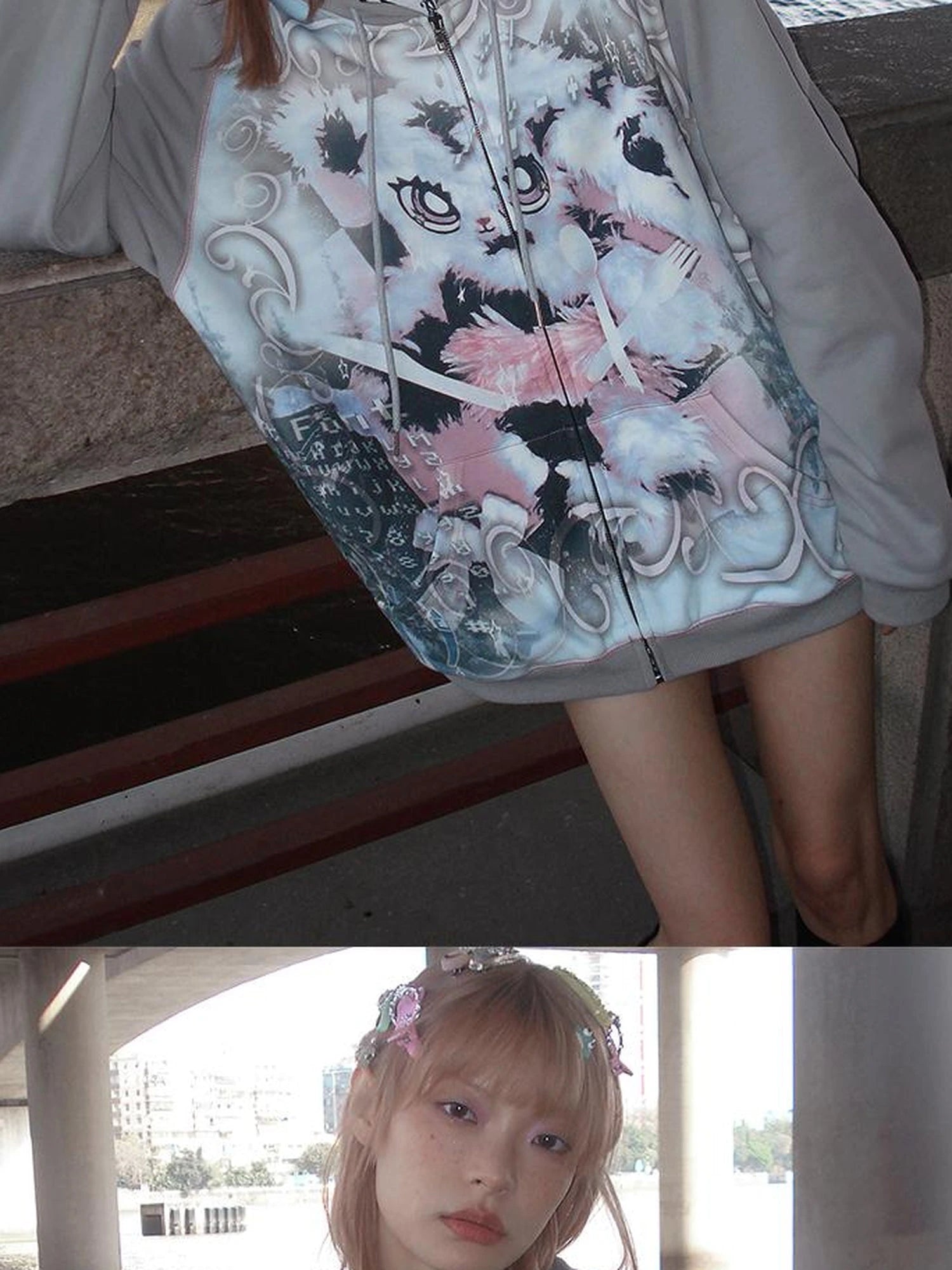 Cute Rabbit Print Loose Hooded Sweatshirt