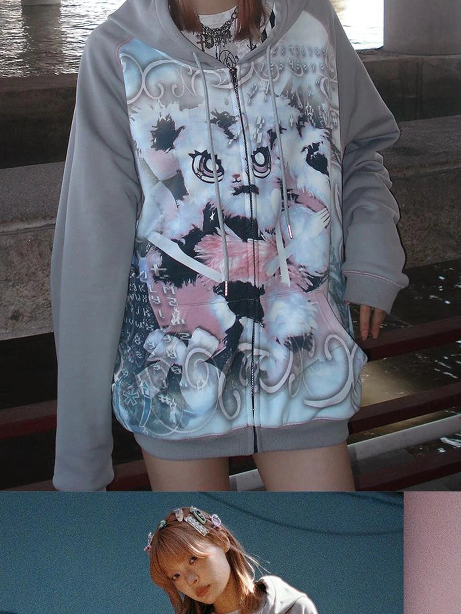 Cute Rabbit Print Loose Hooded Sweatshirt